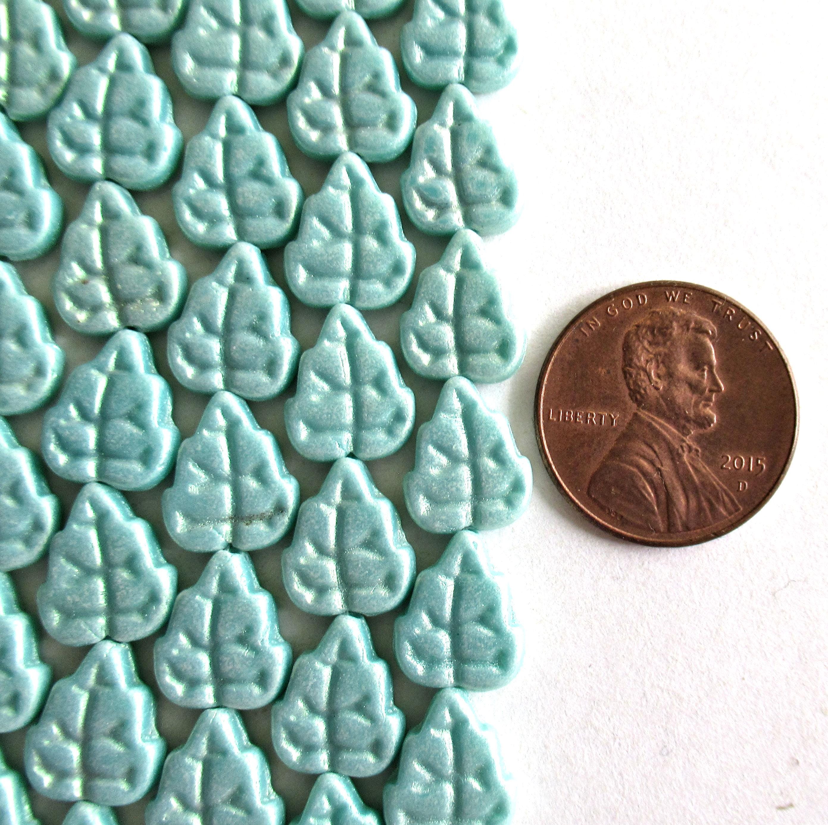 25 Czech glass leaf beads - sueded light turquoise green beads - 8 x 10mm leaves - C0029