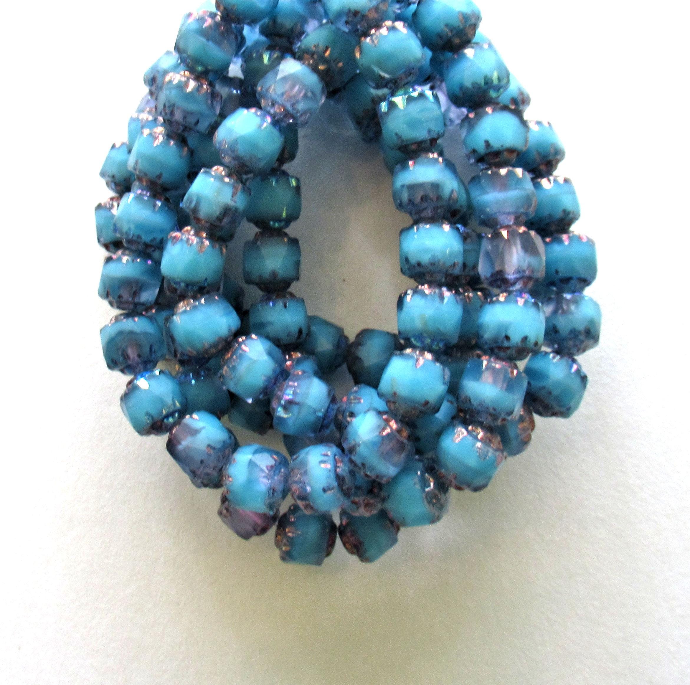 20 6mm Czech glass cathedral beads - blue w/ purple bronze picasso accents - faceted fire polished antique cut beads C00571