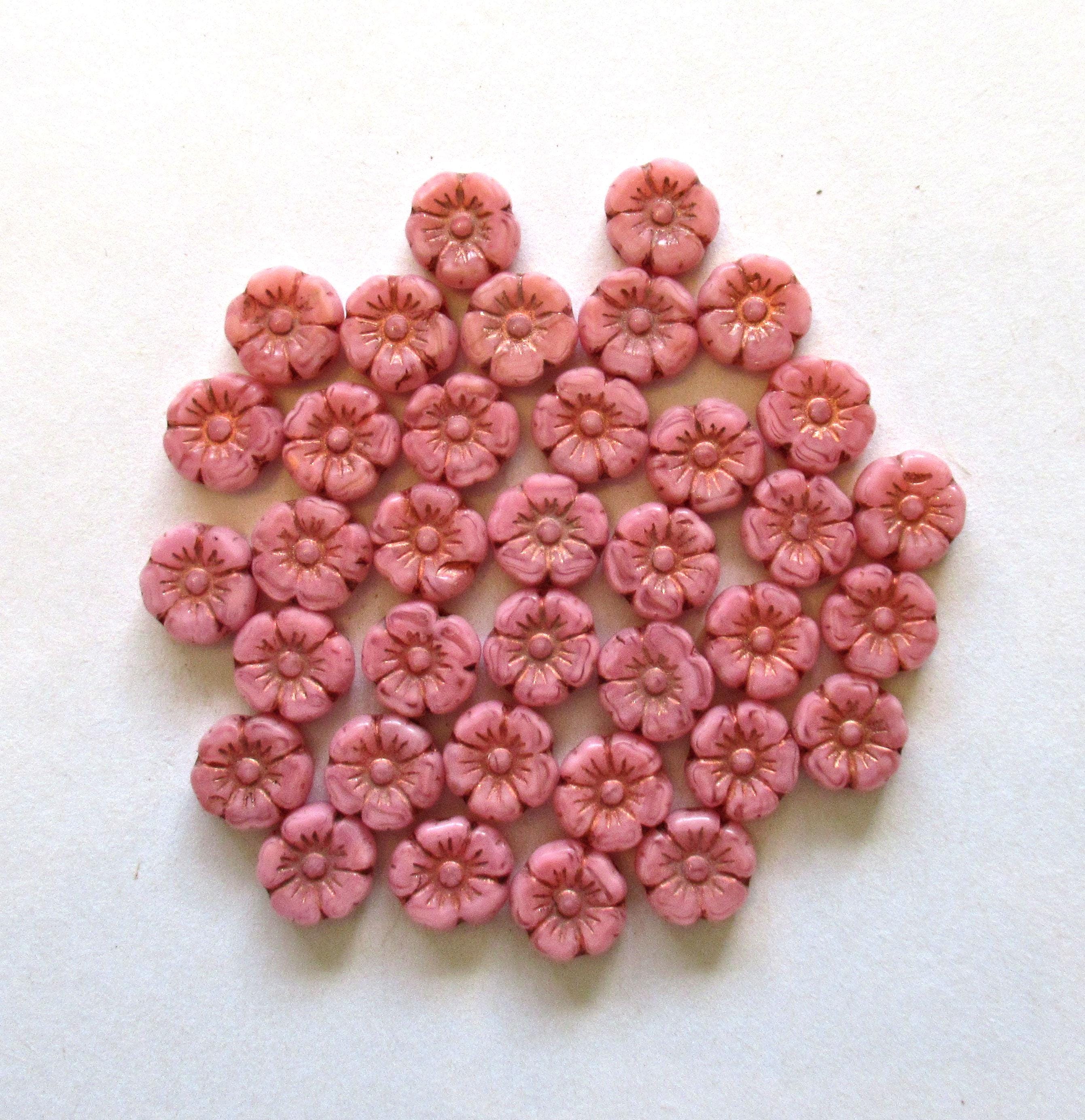 Ten 10mm Czech glass flower beads - opaque marbled pink silk w/ a copper wash - Hawaiian hibiscus table cut flower beads - C00122