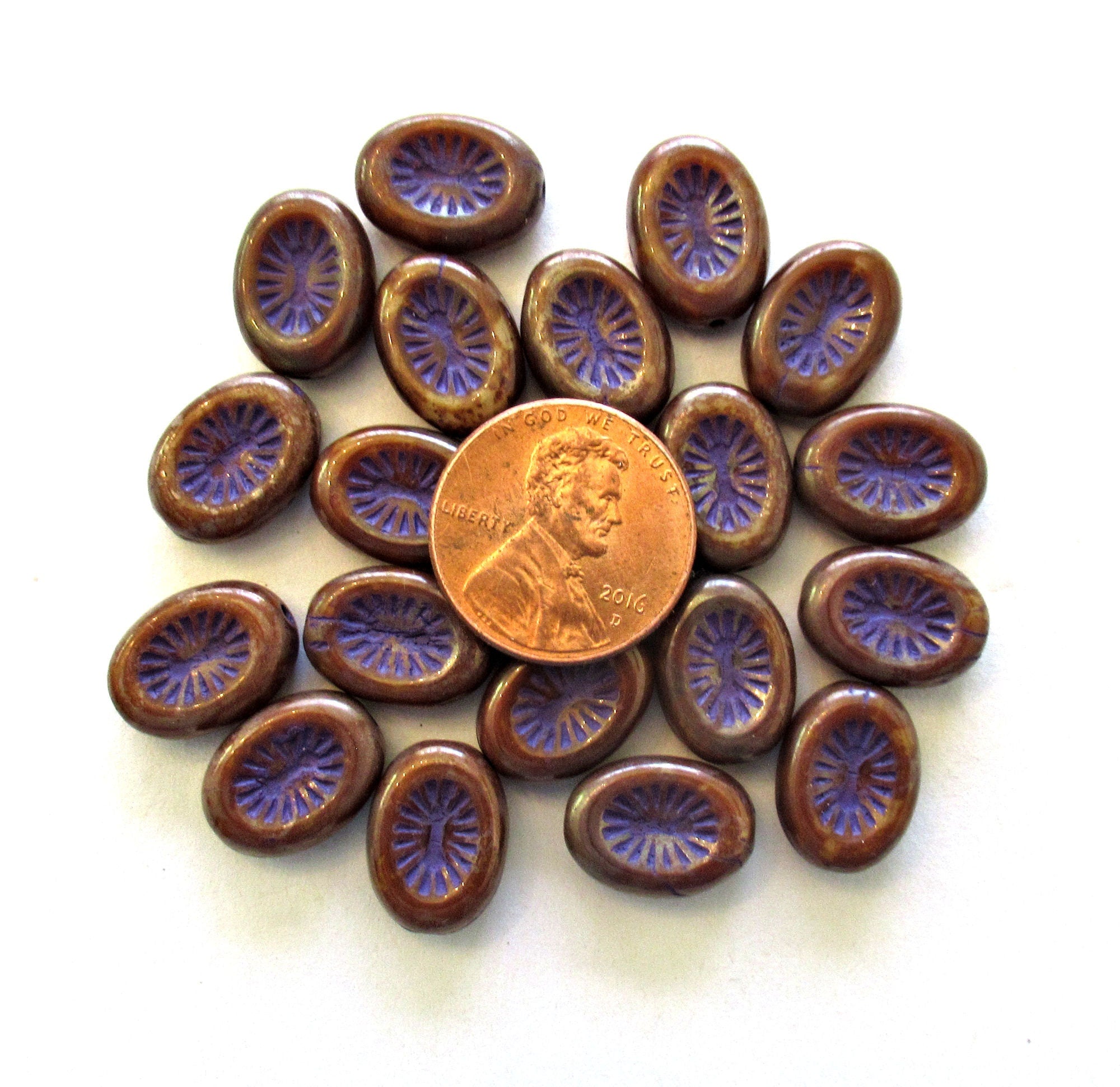 Ten 14 x 11mm Czech glass oval kiwi beads - opaque brown with a purple wash - pressed glass rustic beads - C00011