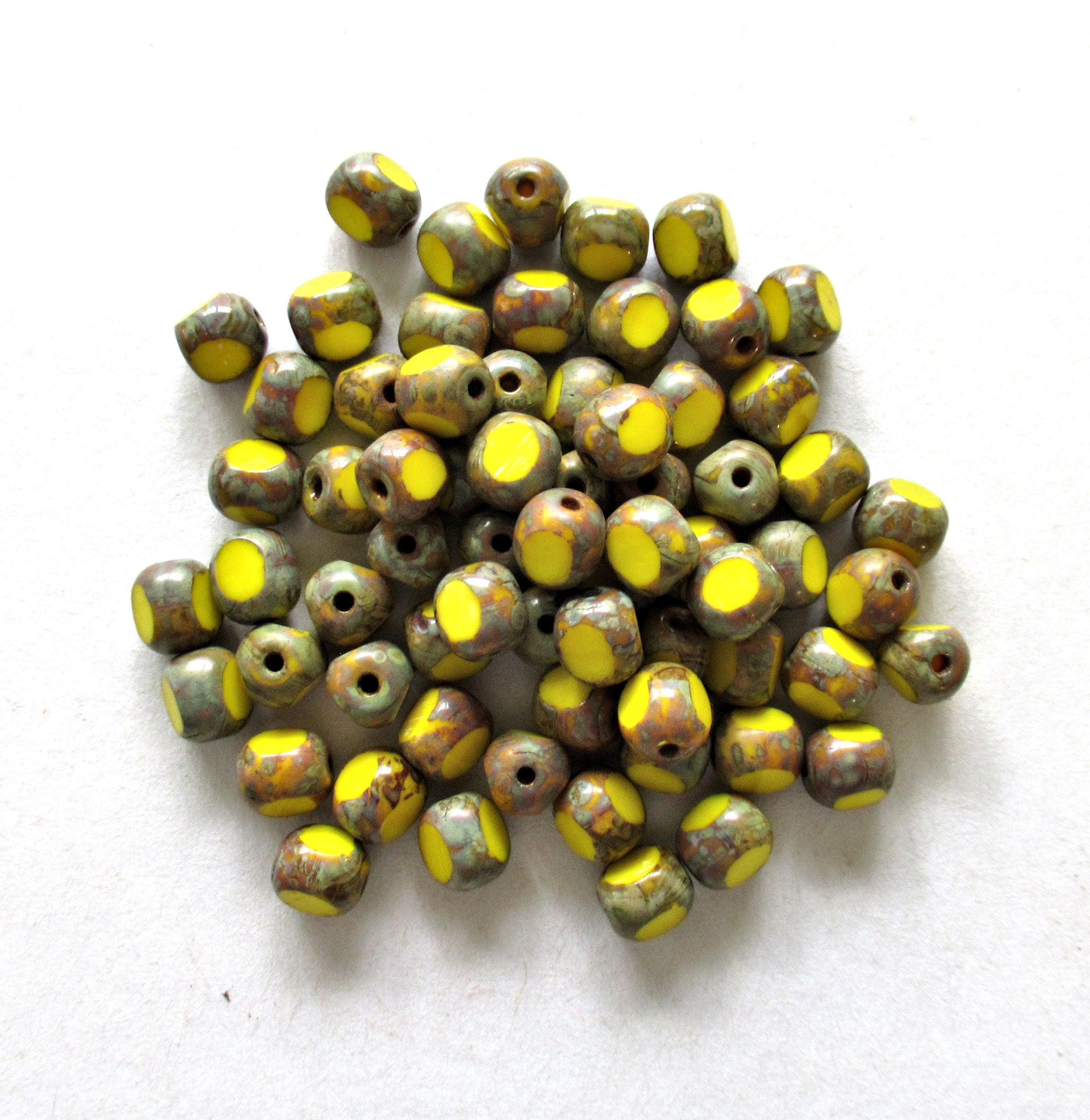 Lot of 25 Czech glass Tri-cut - Round beads - 6mm - opaque yellow picasso - faceted table cut rustic earthy window beads C0057