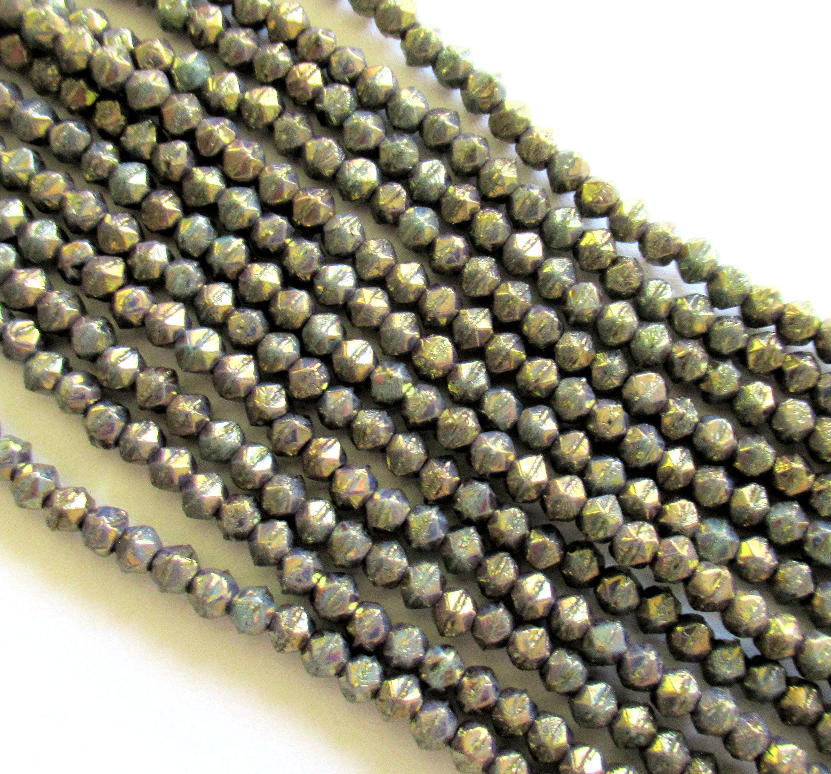 100 3mm Czech glass english cut beads - Opaque Turquoise Bronze Picasso beads - pressed glass spacer beads - C0019