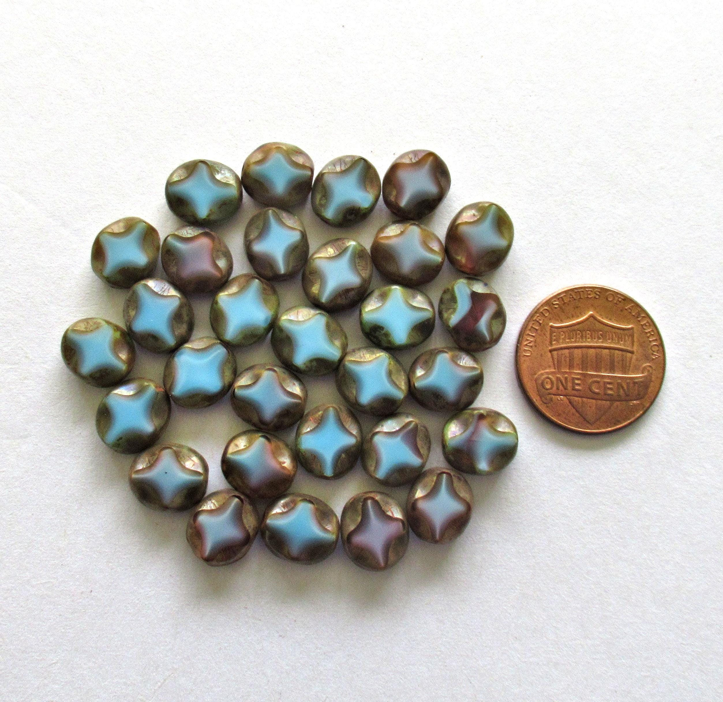 15 Czech glass oval beads - 9 x 8mm - blue w/ some purple & a Picasso finish - carved table cut beads with a diamond pattern - C0251