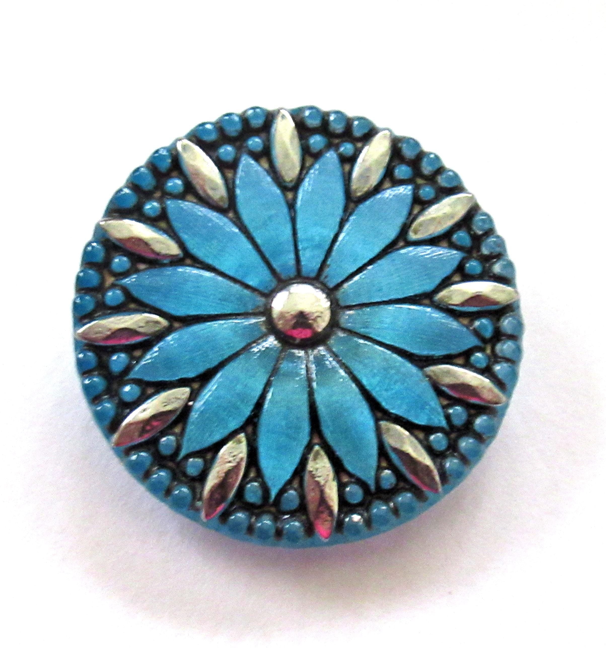 One 31mm Czech glass daisy flower button - ocean blue with a black wash & silver accents - large decorative floral shank buttons 00043