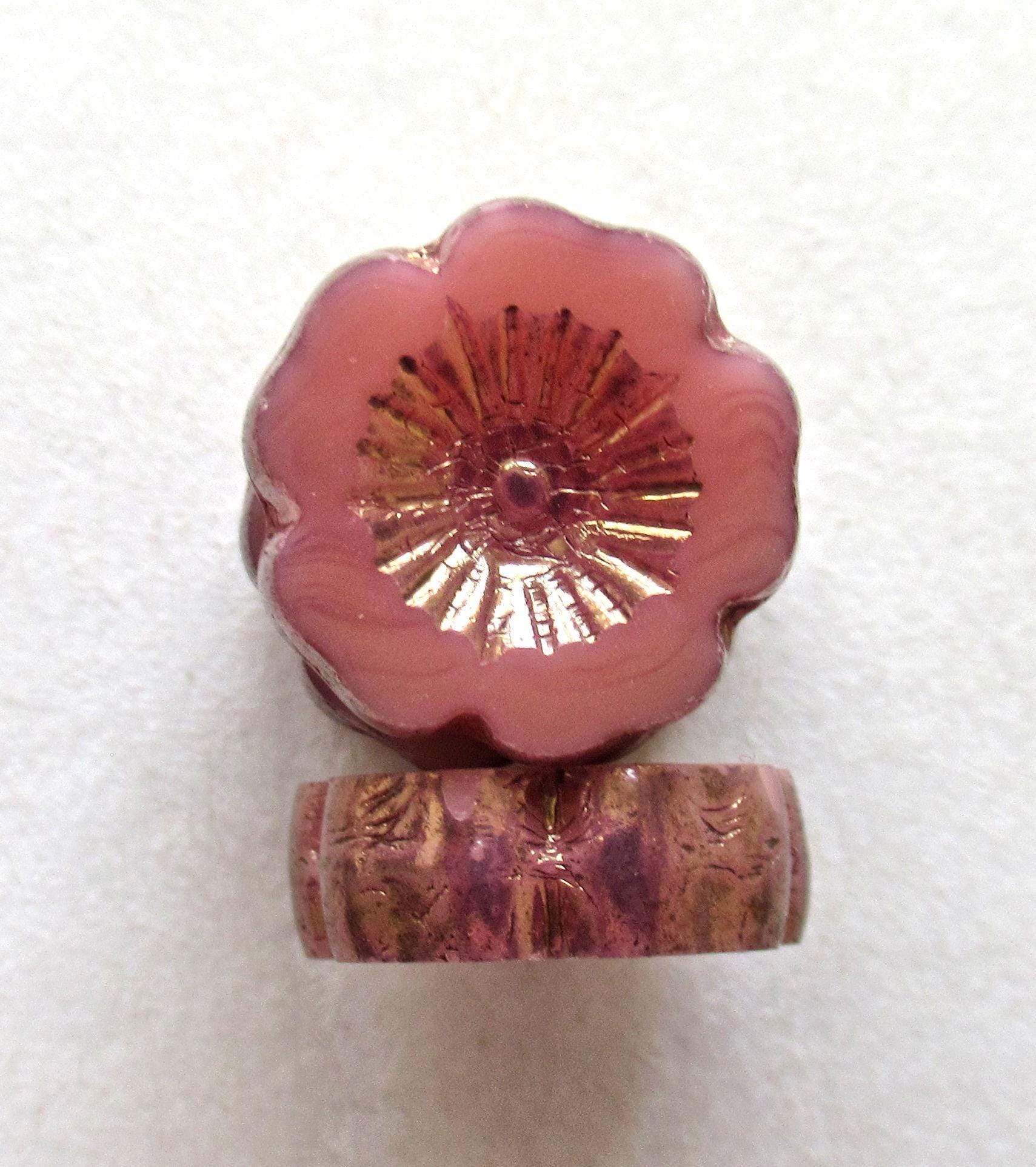 Six Czech glass flower beads - 14mm - opaque pink opal with bronze accents - table cut carved - Hawaiian hibiscus flower beads - C00851