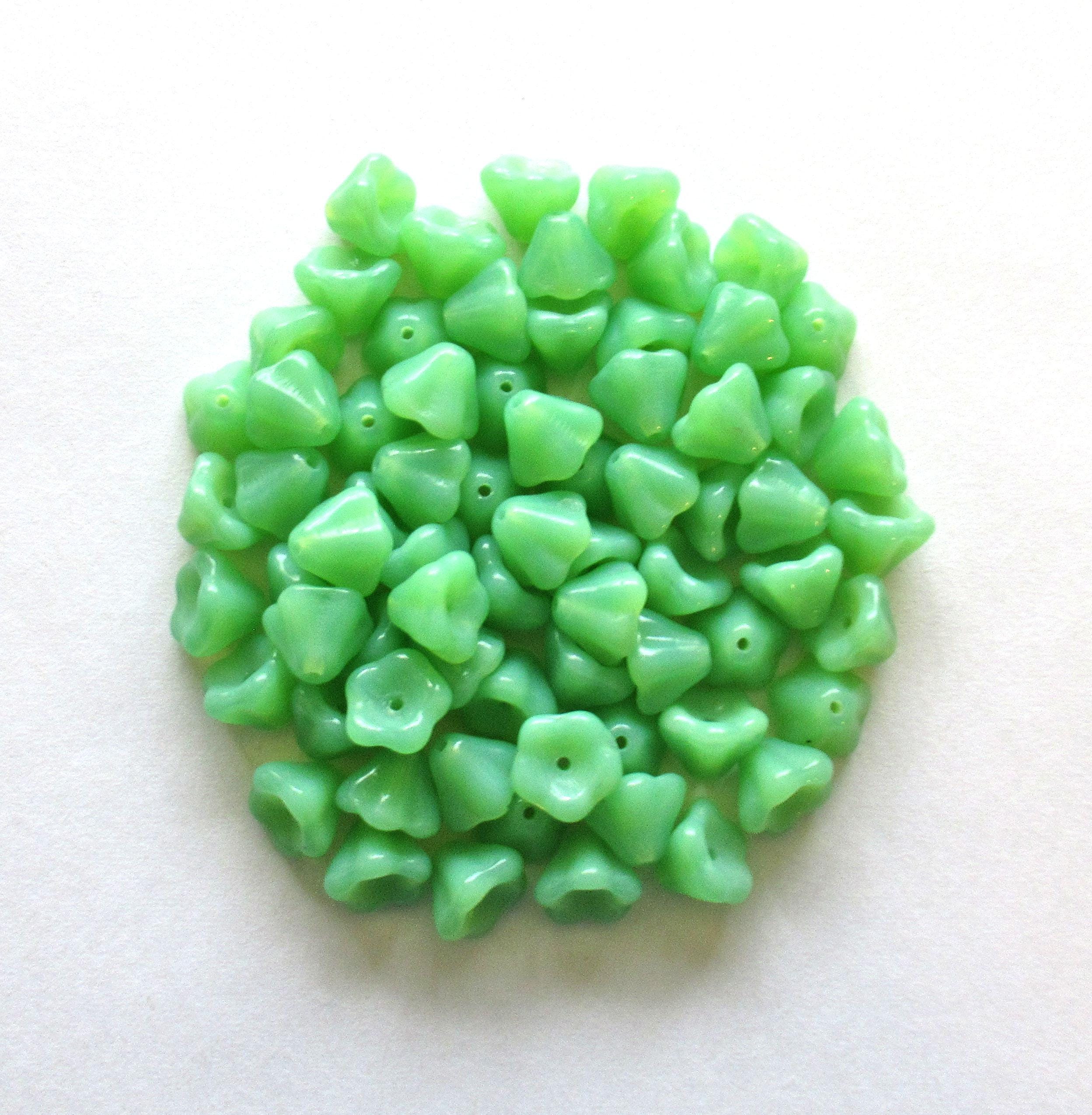 25 Czech glass bell flower beads - jade green opal pressed glass flower beads - 8 x 6mm - C00024