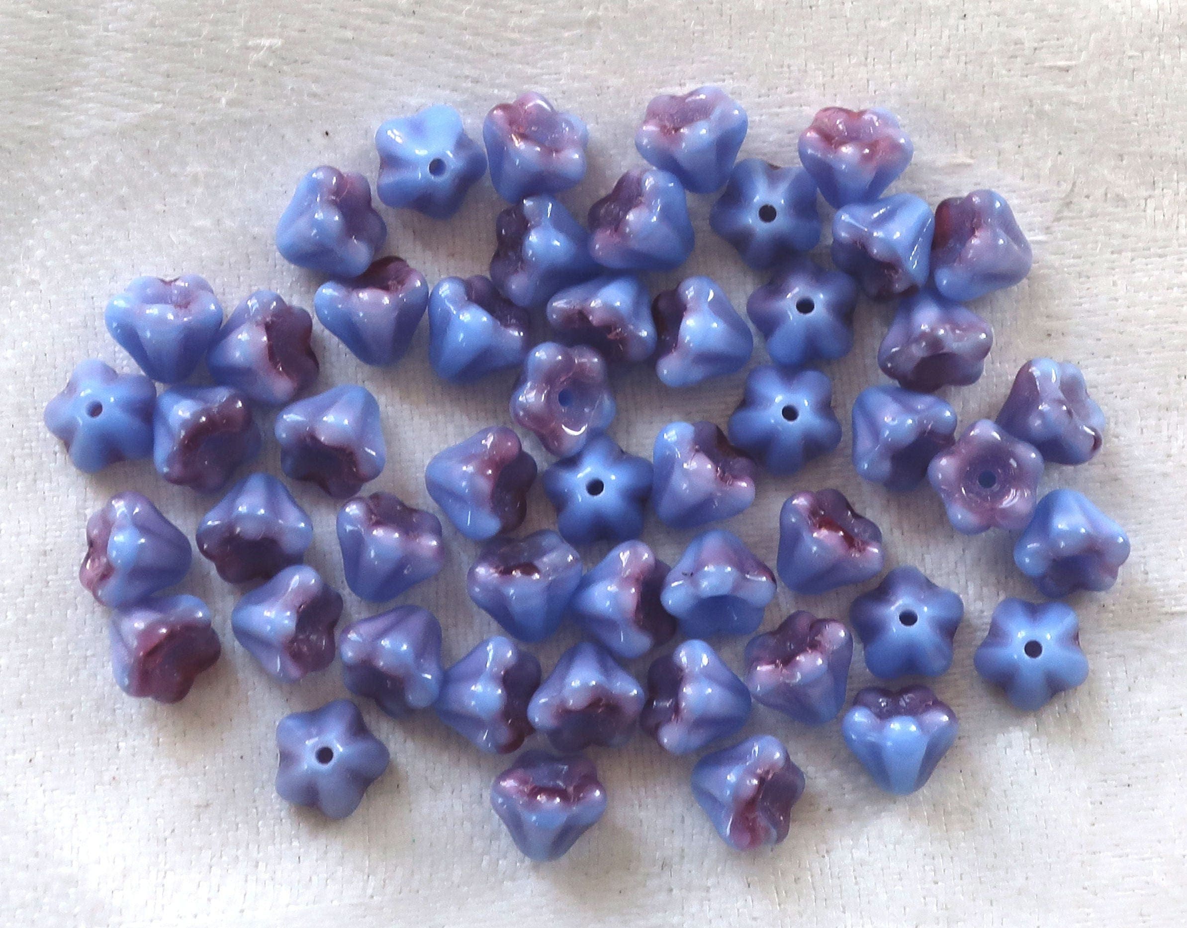 50 6 x 4mm Blue Raspberry Pink baby Bell Flower Czech glass beads, pressed glass beads C0089