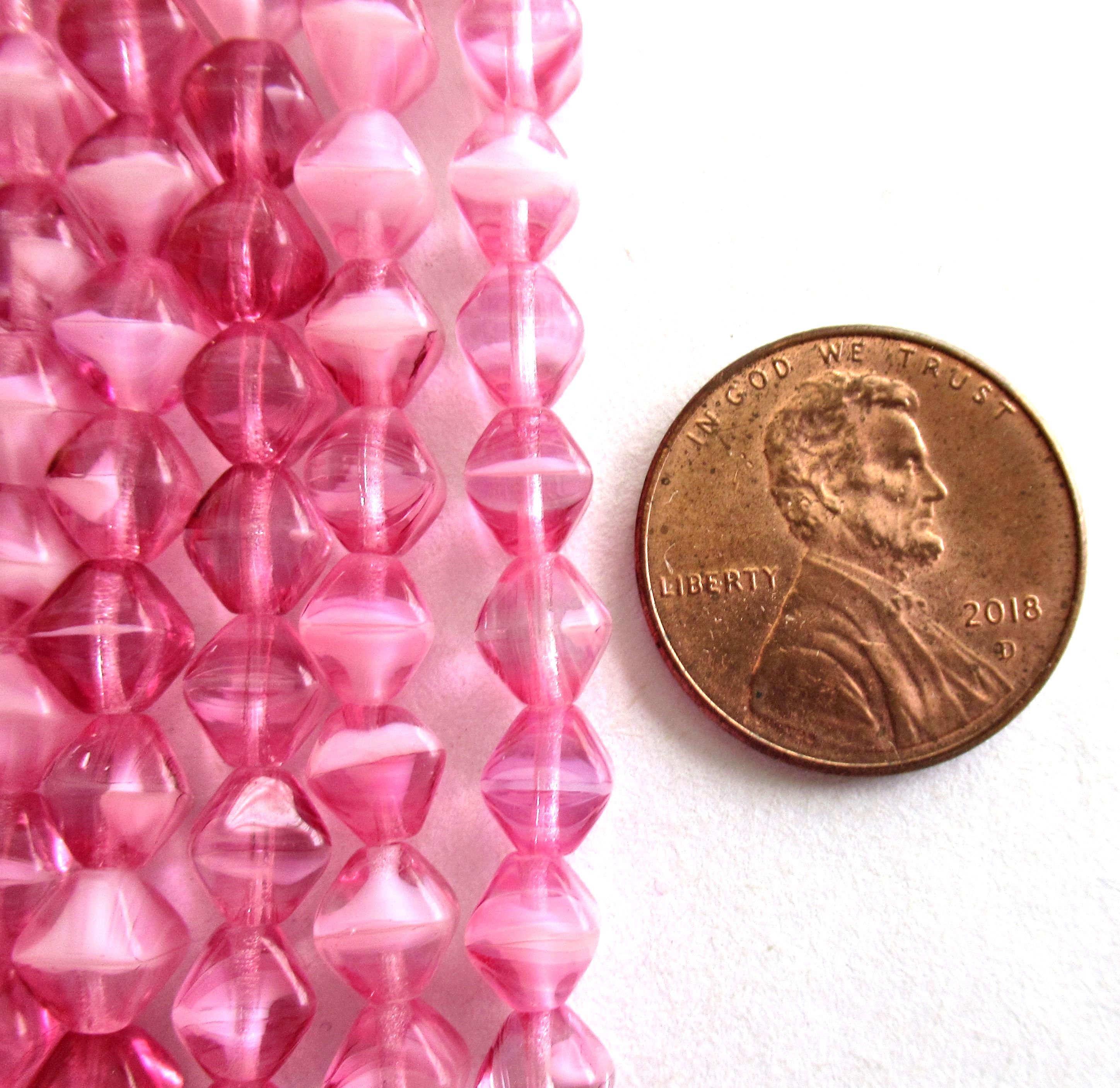 50 6mm Czech glass bicone beads - transparent bright pink with opaque white hearts - pressed glass bicones - C0085