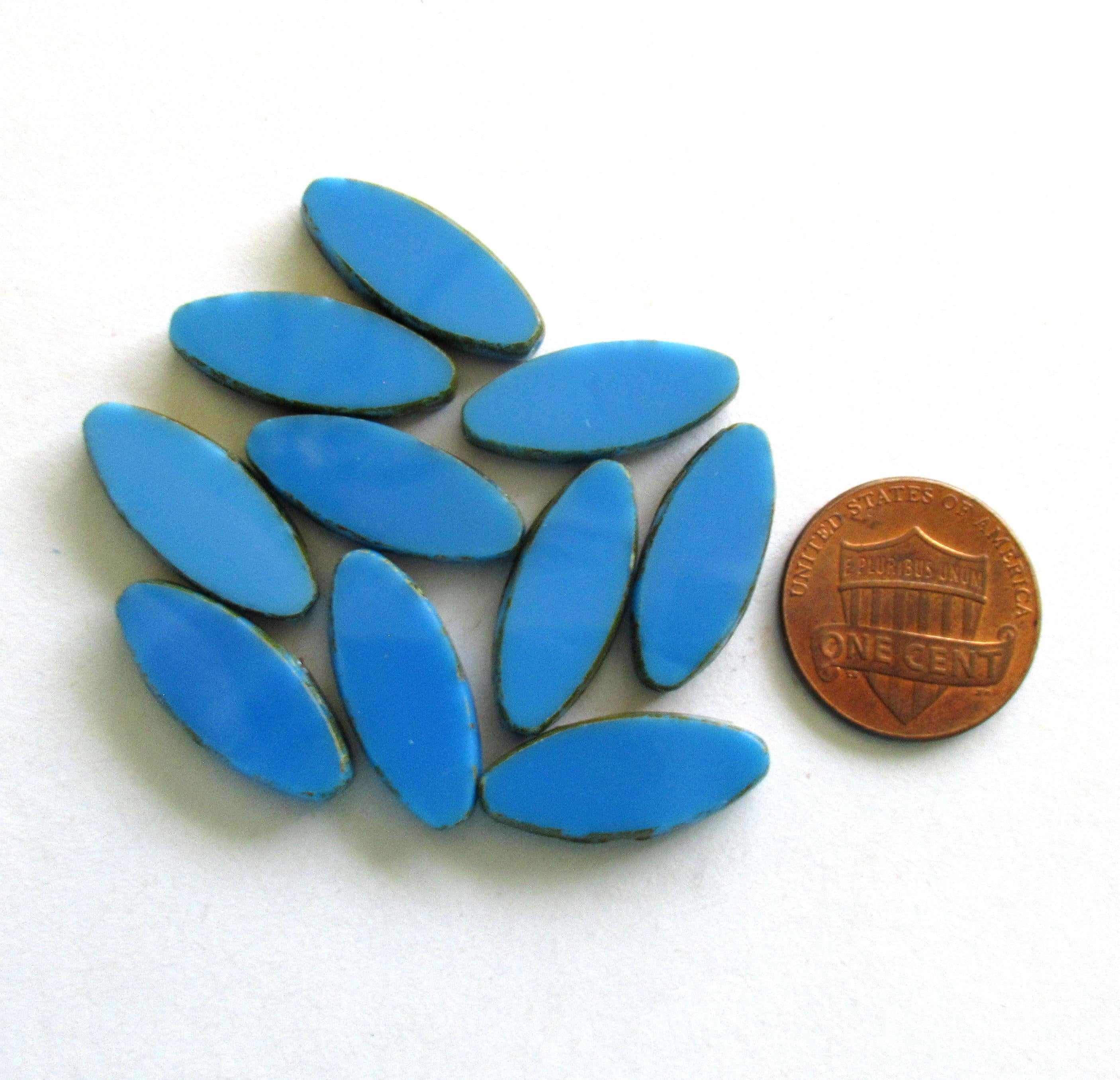 Ten large Czech glass spindle beads - opaque azure blue picasso - 20 x 9mm -table cut - almond shaped oval beads - C00122