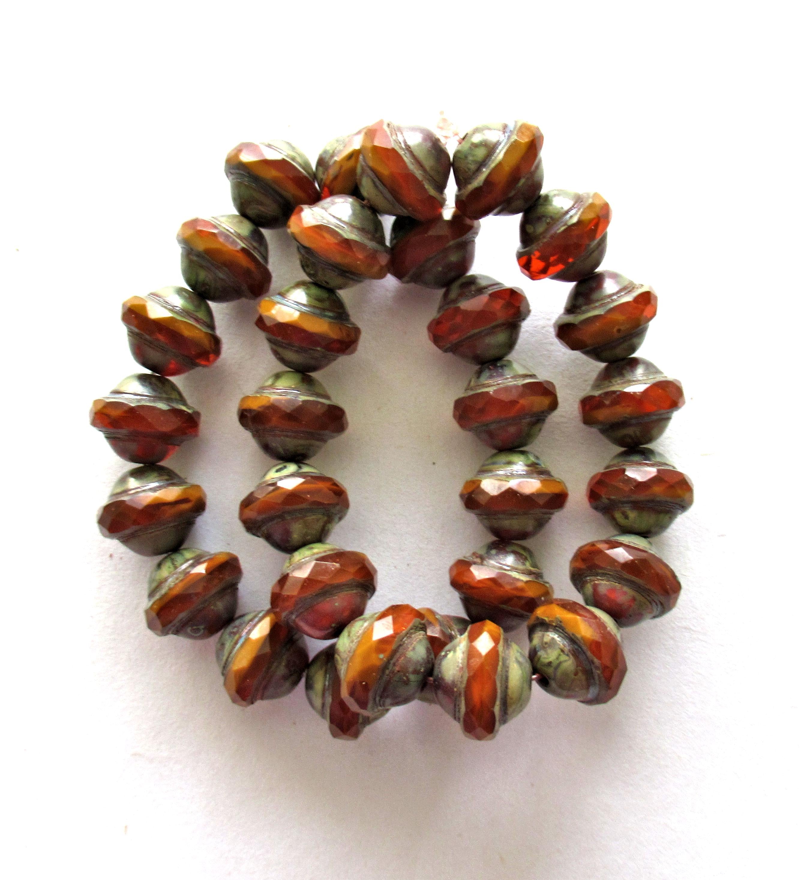 Czech glass faceted saturn or saucer beads - 8 x 10mm transparent & opaque mix rust orange brown w/ picasso finish - fifteen pieces - C00302