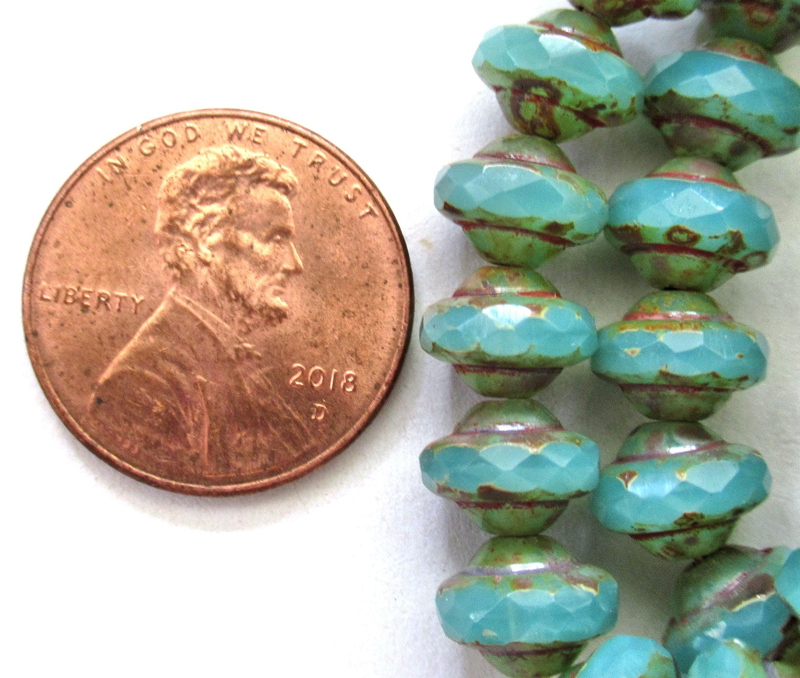 Fifteen Czech glass mini saturn beads - 6 x 8mm translucent seafoam blue green picasso beads - faceted fire polished saucer beads - C00522