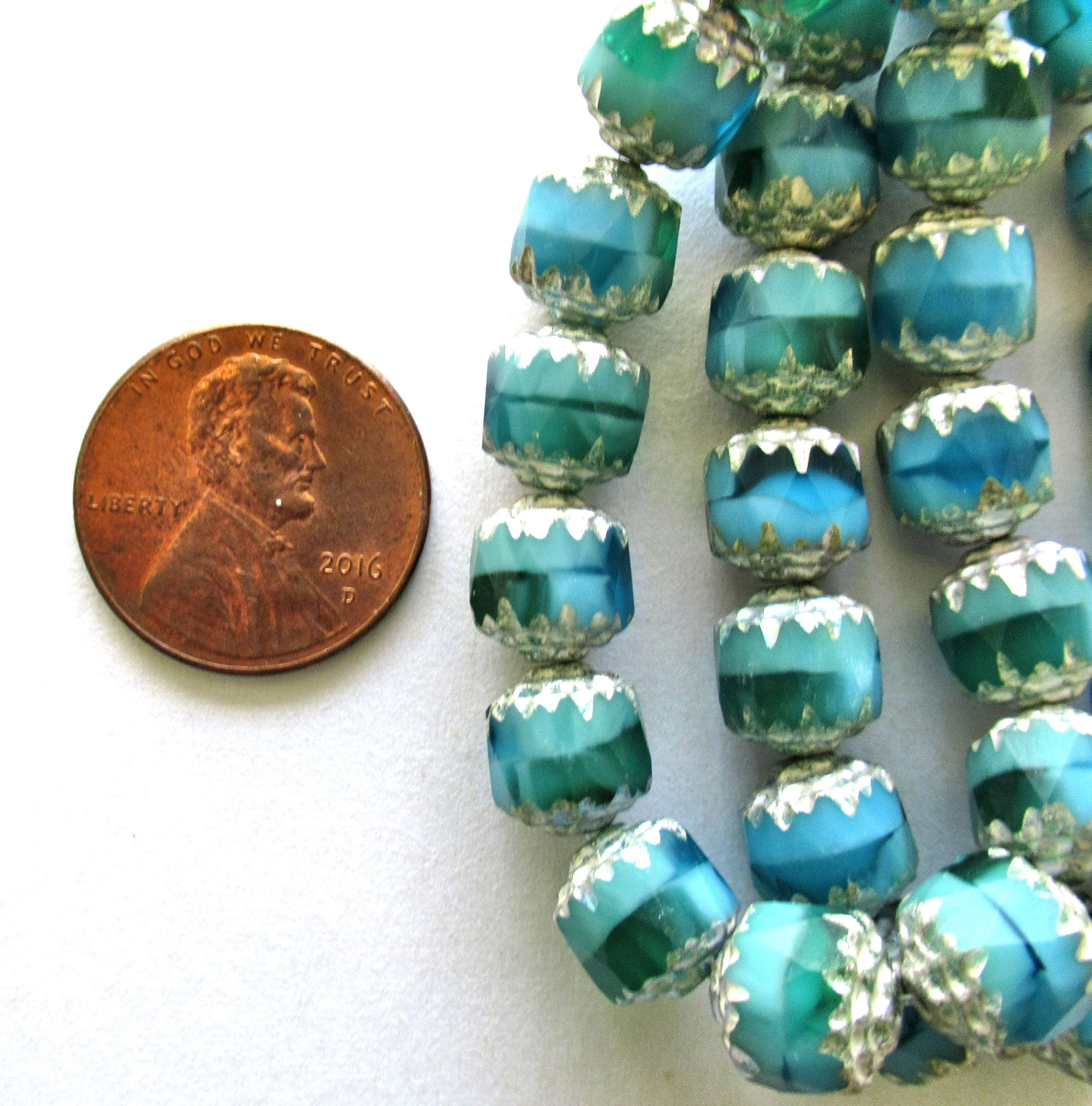 Fifteen 8mm Czech glass cathedral beads - blue & green mix w/ antique silver picasso accents - faceted fire polished antique cut beads 00542