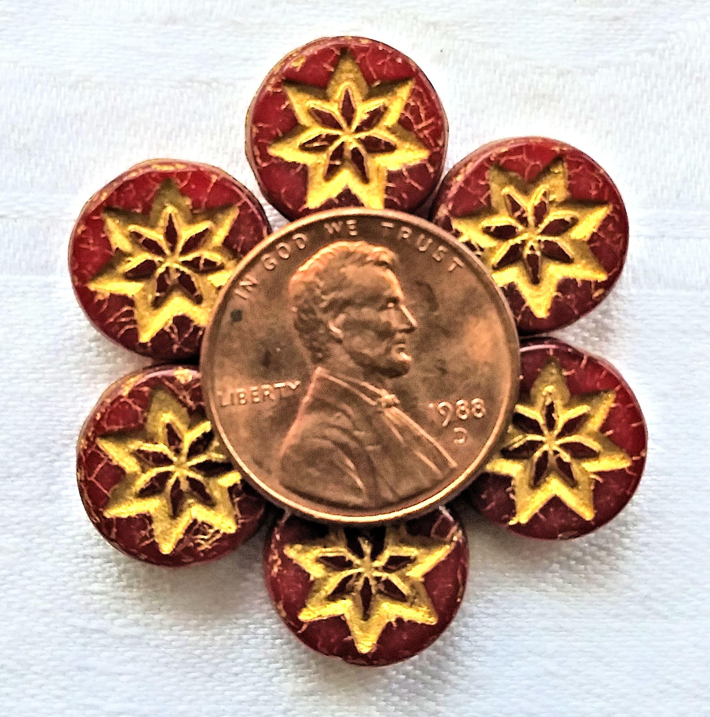 Ten 13mm coin or disc flower beads - translucent red opal with a gold wash - Czech glass star beads - 4.5mm thick C08201