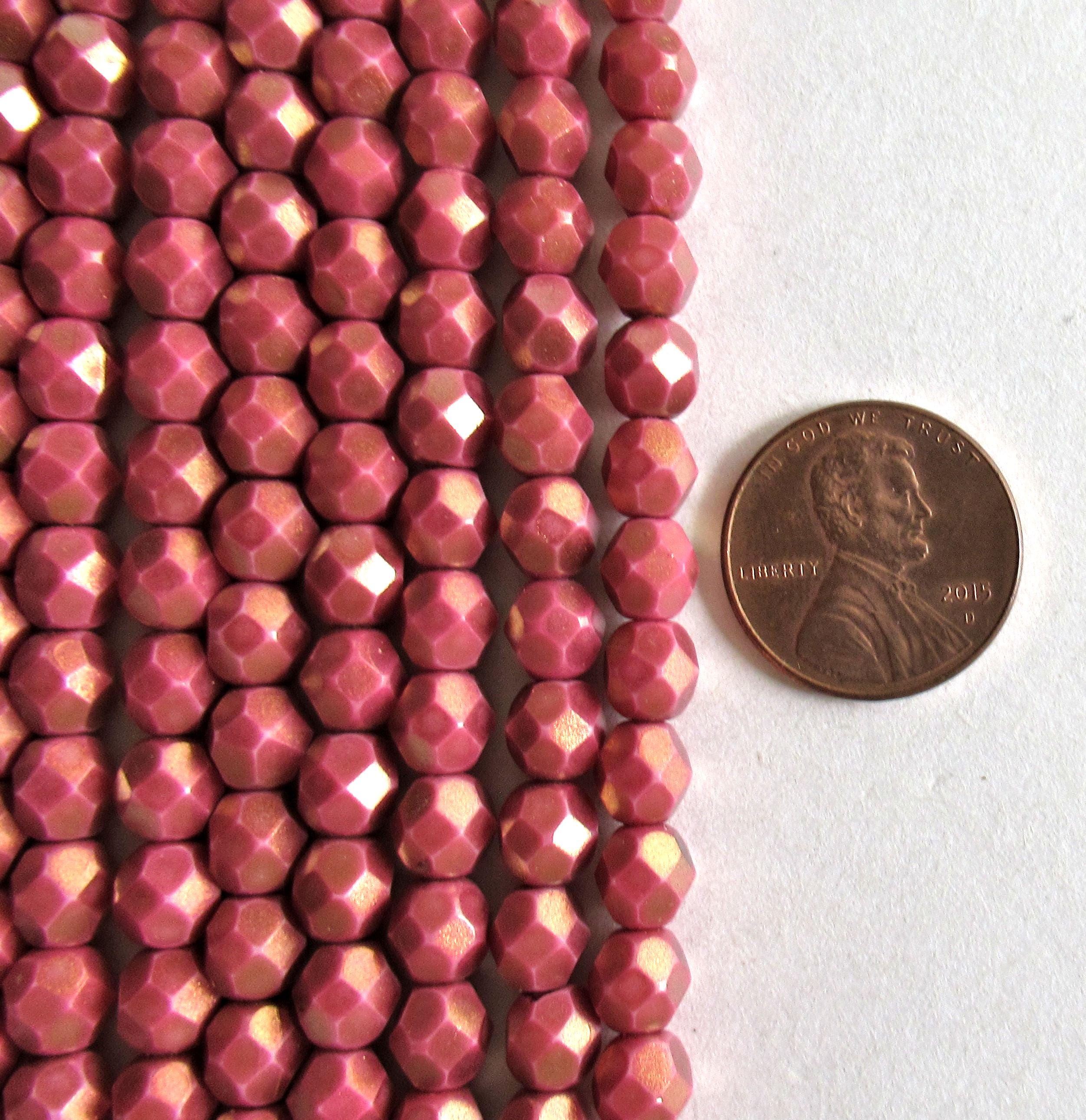 25 6mm Halo Ethereal Cherub Czech glass beads - opaque pink beads with a shiny gold finish - fire polished faceted round beads - C0086