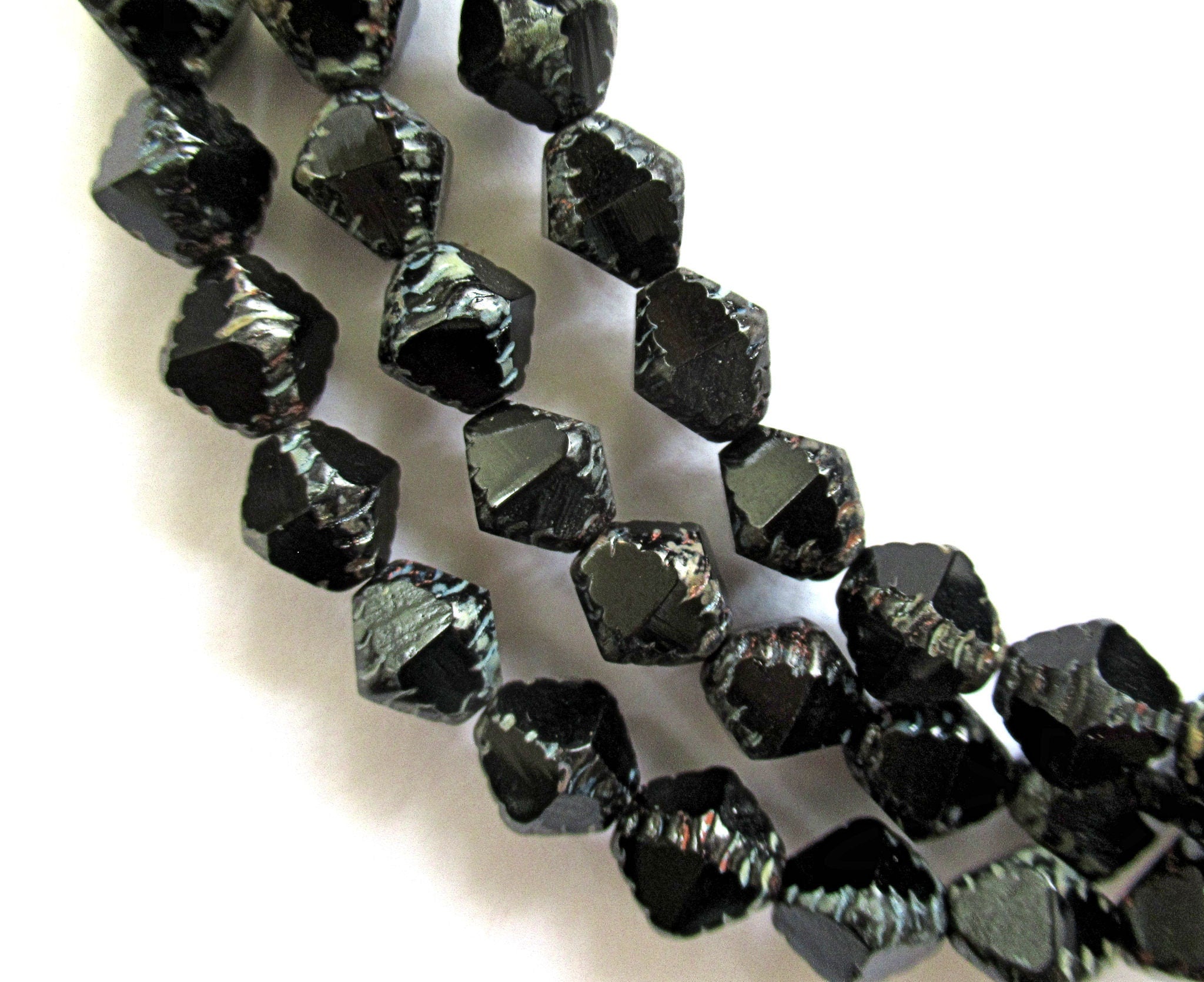 Fifteen Czech glass bicones - 8 x 10mm jet black picasso carved notched bicone beads - C00601