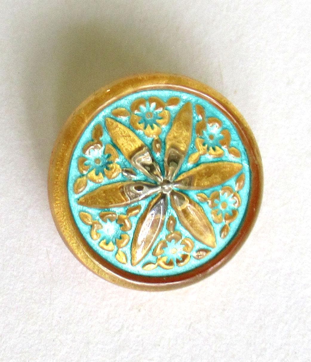 One 18mm Czech glass flower button - gold with a turquoise blue wash - decorative floral shank button - 00392