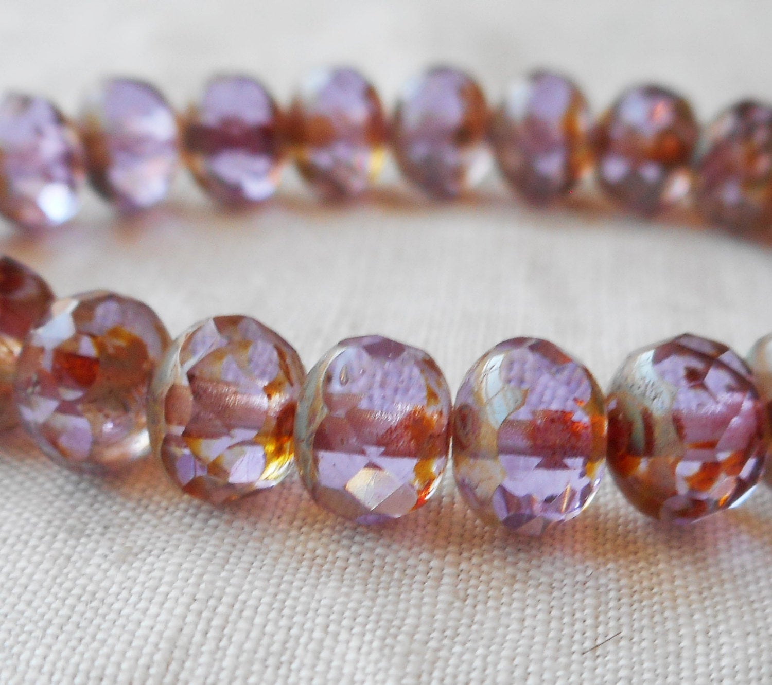 Lot of 25 Transparent light purple, lavender Picasso faceted puffy rondelle or donut beads, 5 x 7mm Czech glass beads C52201