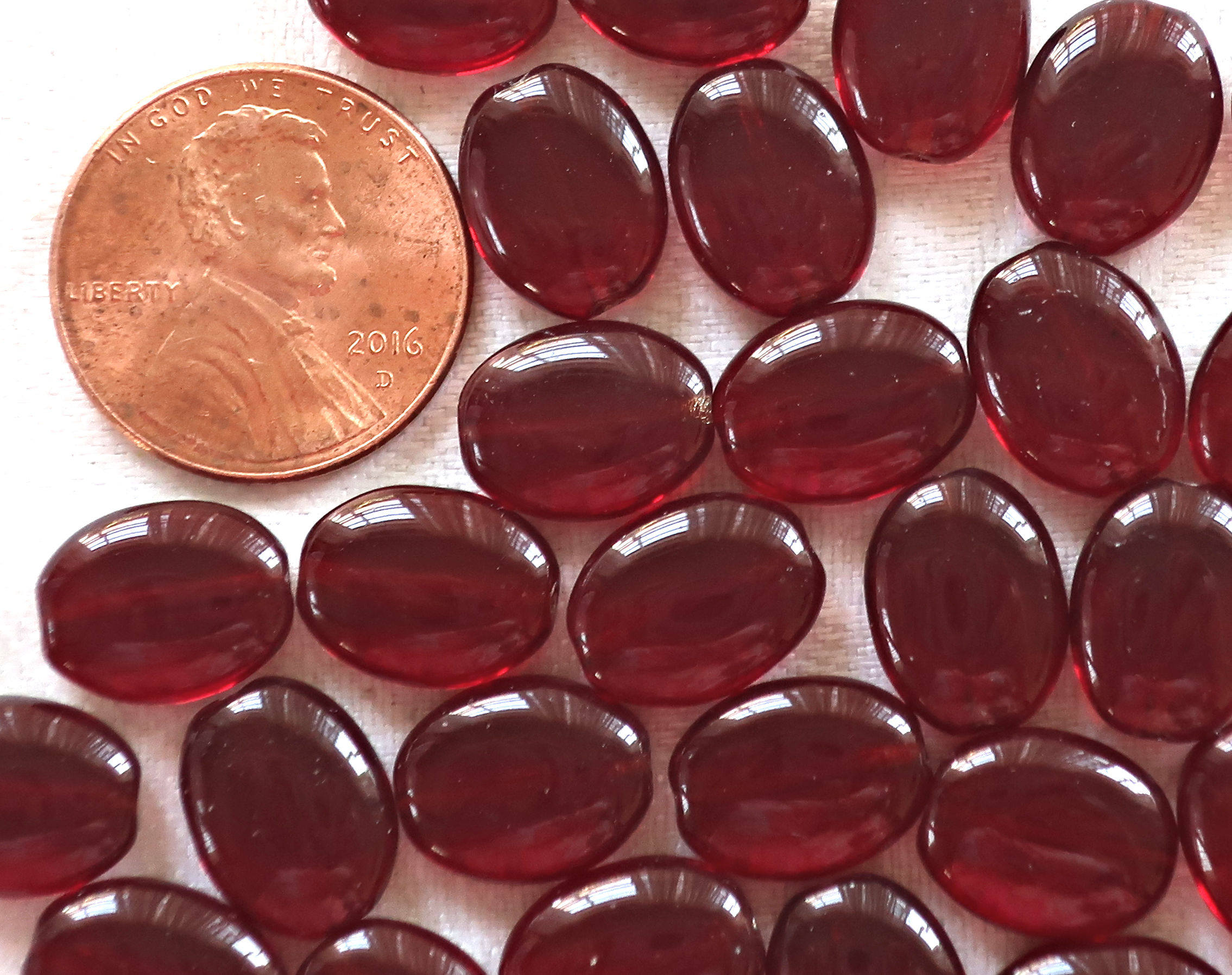 25 transparent garnet red flat oval Czech Glass beads, 12mm x 9mm pressed glass beads C0055