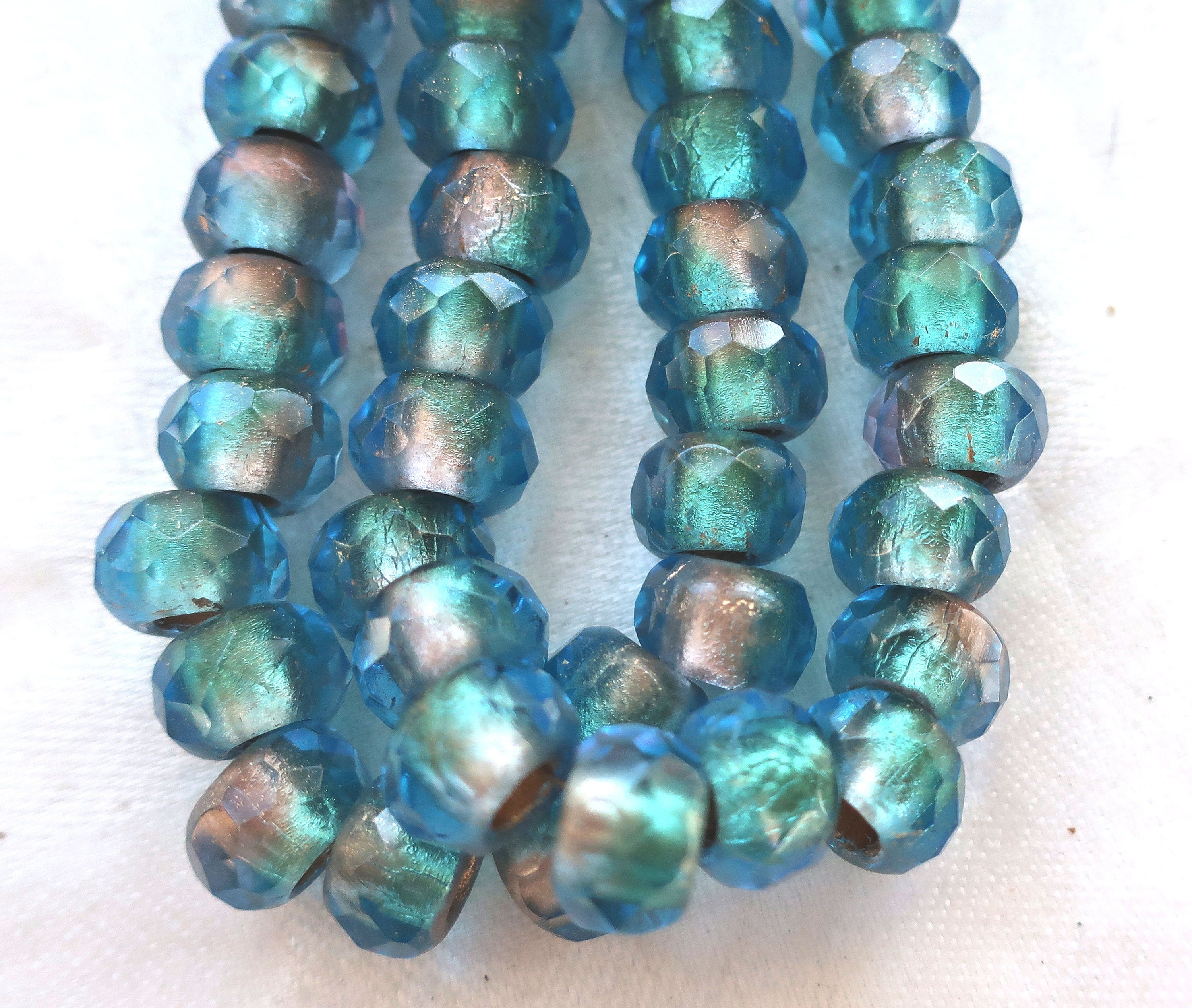Five 12 x 8mm faceted Czech glass roller or rondelle beads - matte blue gold lined - big 5mm holes, big hole focal beads 00501