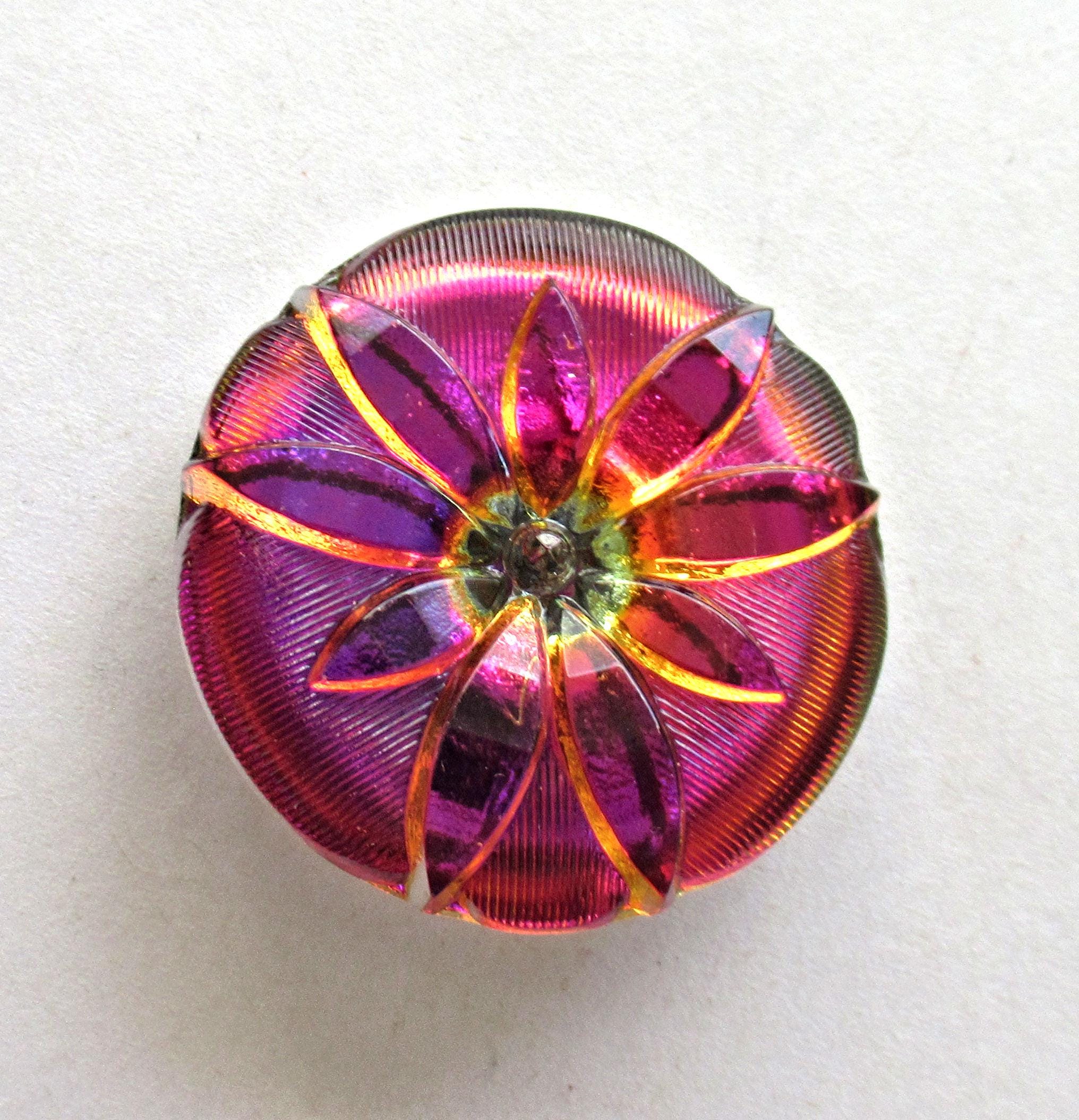 One large Czech glass flower button - iridescent pink & orange button - 35mm - decorative shank button - 00083