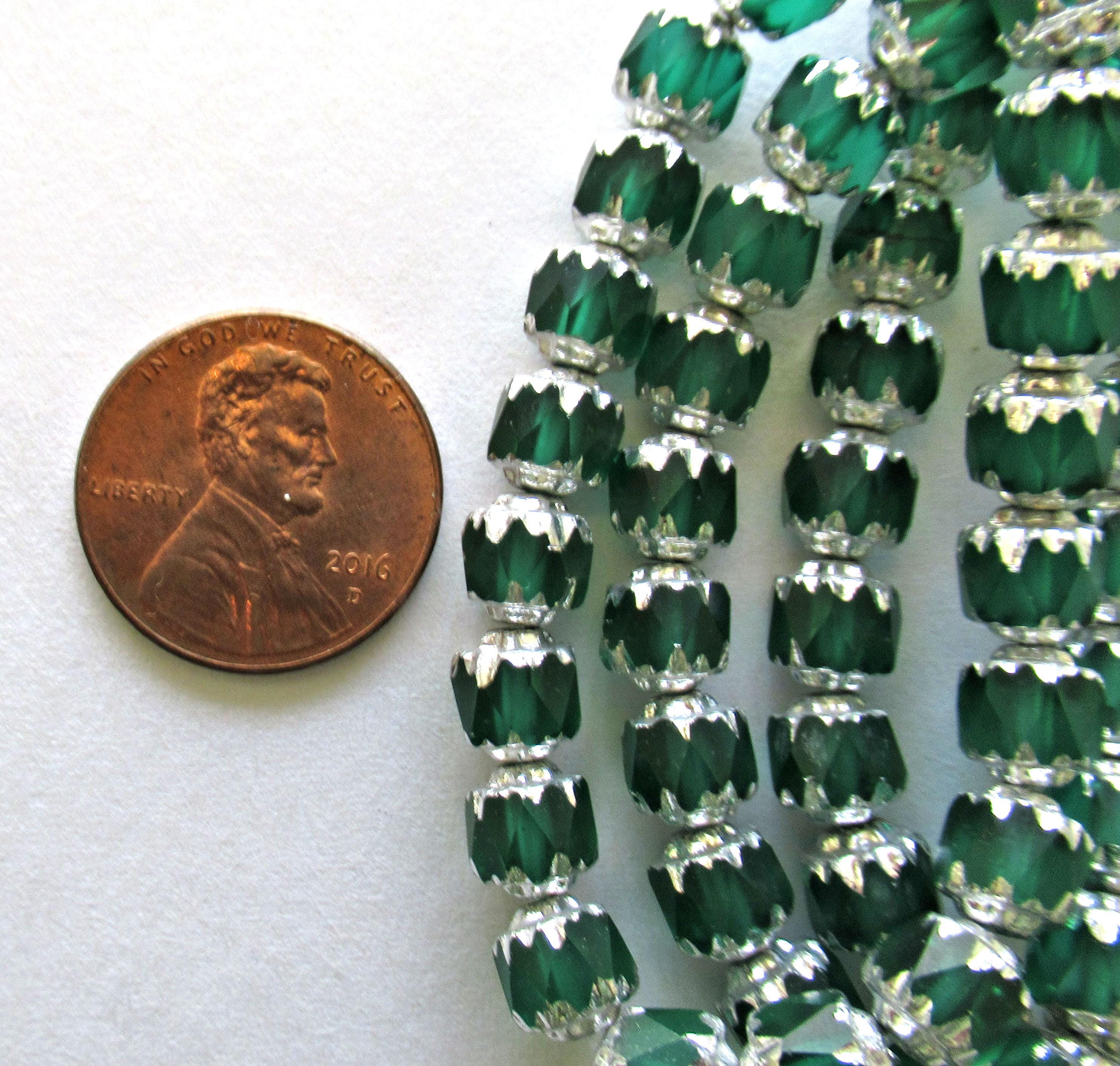 20 6mm Czech glass cathedral beads - emerald green w/ silver picasso accents - faceted fire polished antique cut beads C00611