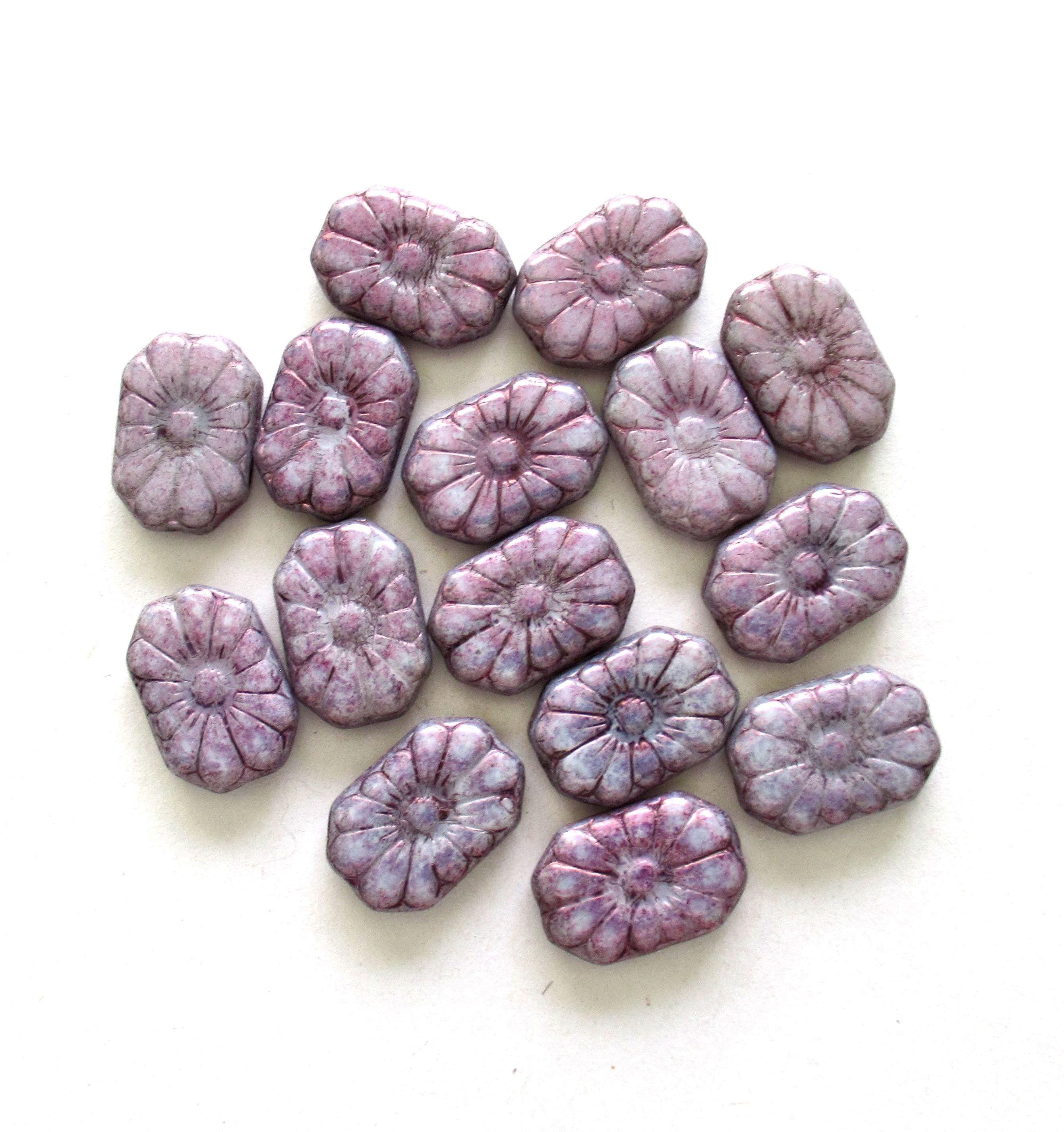 Five large Czech glass flower beads - splotchy purple rectangle beads - focal or statement beads - 19 x 14mm - C00011
