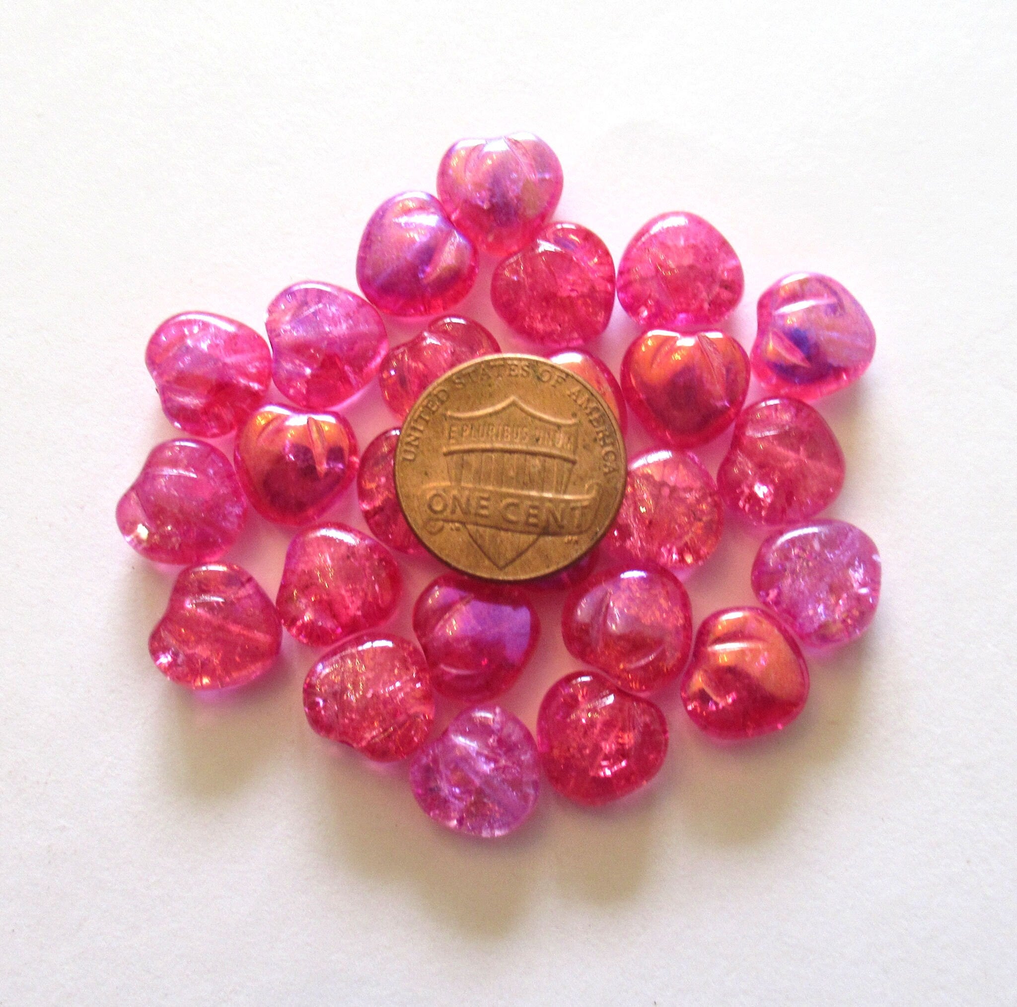 Ten Czech glass heart beads - 11mm bright hot pink crackle glass hearts with a metallic pink finish on one side of each bead- C0049