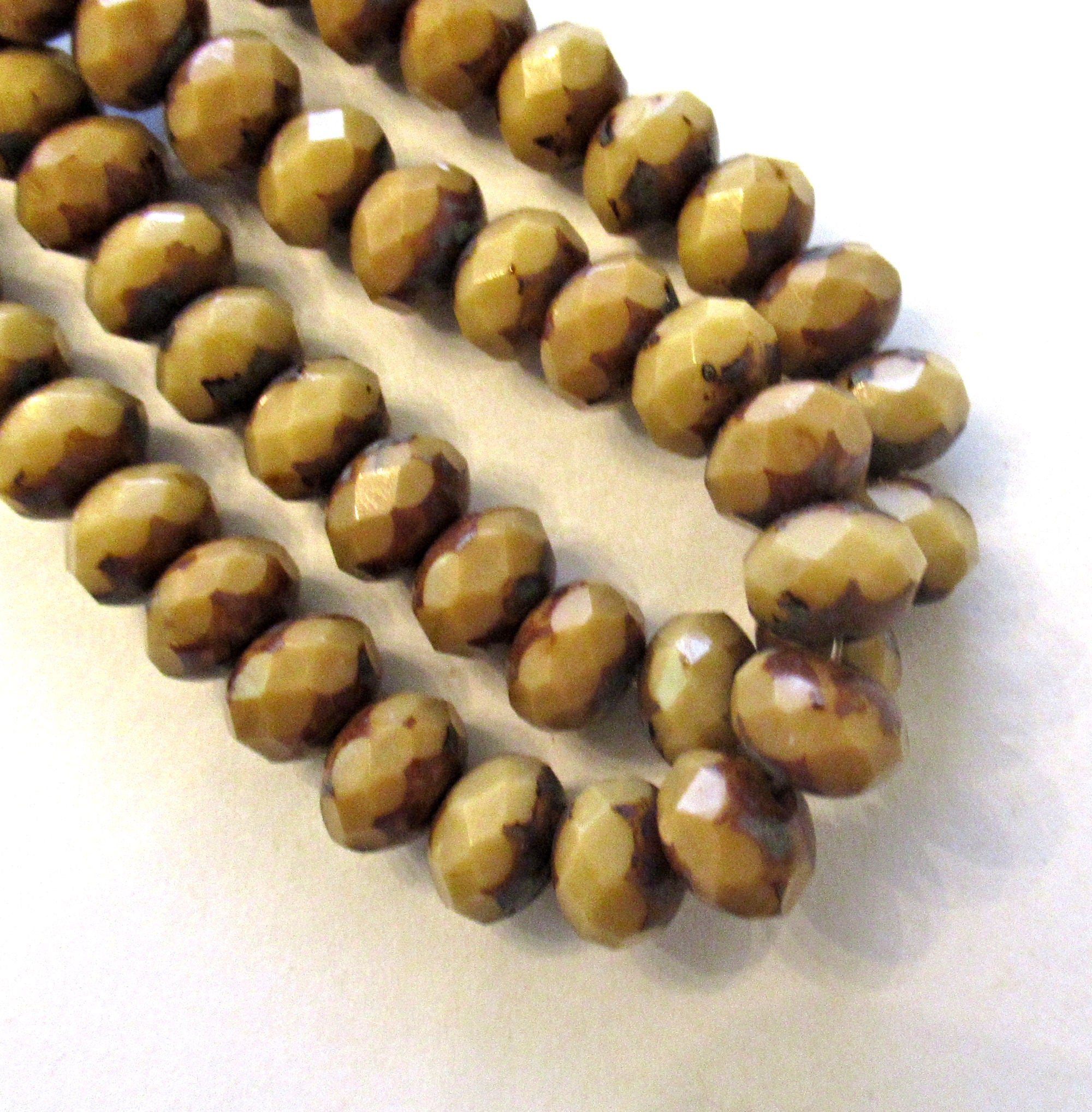 25 6 x 8mm Czech glass faceted puffy rondelles - opaque light brown or beige picasso rondelles 400362