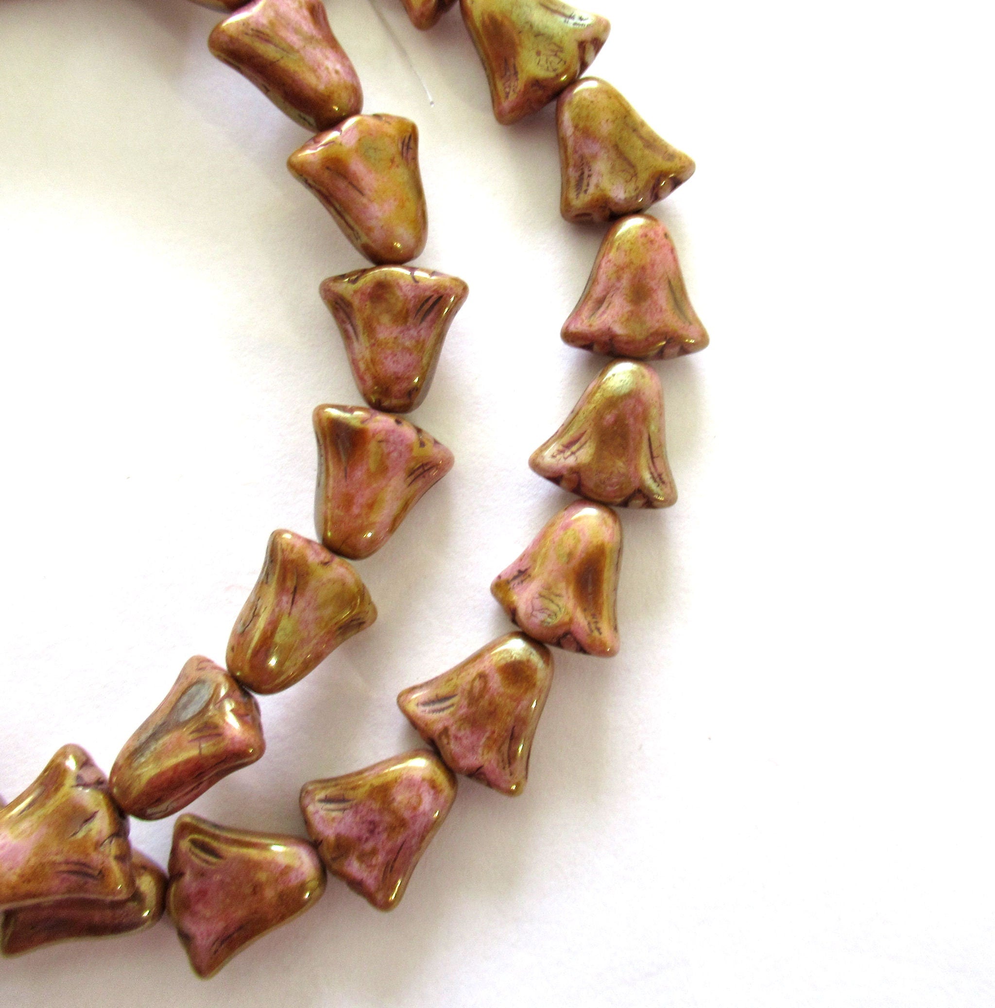 15 Czech glass flower beads - 10 x 10mm opaque pink with a goldstone picasso luster finish - lily flower beads C00441