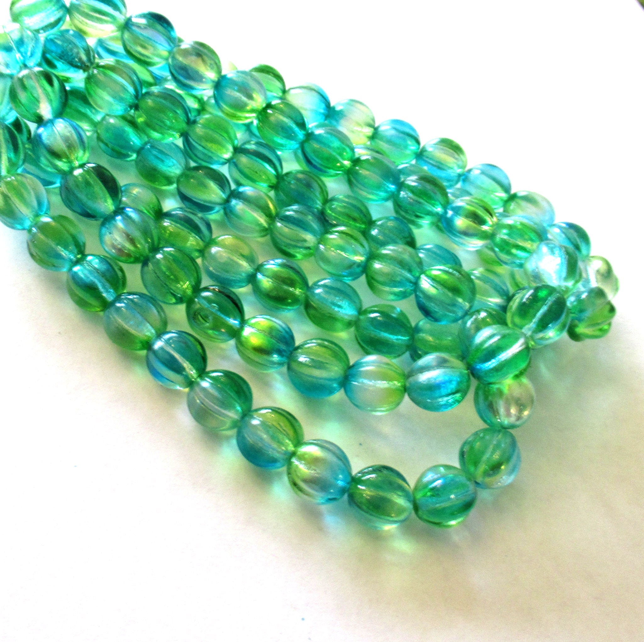Ten 10mm Czech glass melon beads - green & blue mix pressed glass beads - C0049