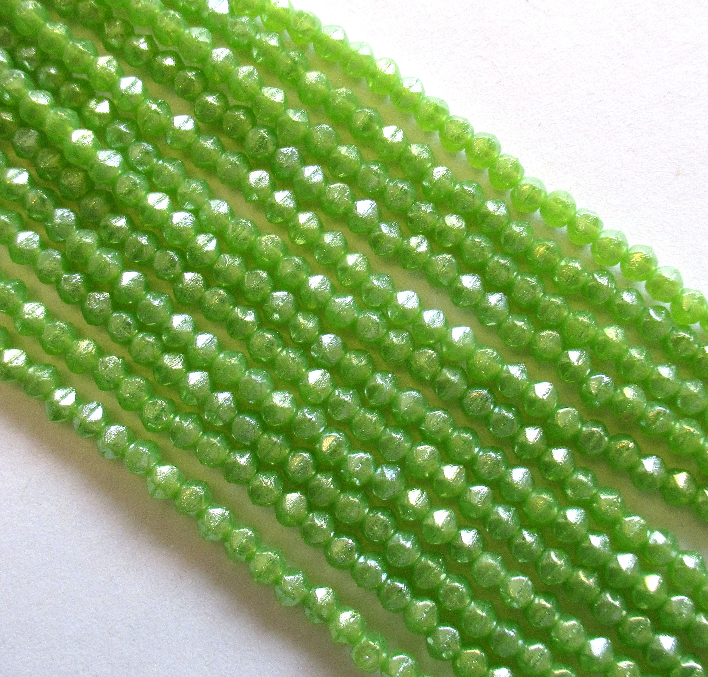 100 3mm English cut Czech glass beads - luster iris milky dark peridot green spacer beads - pressed glass beads - C0019