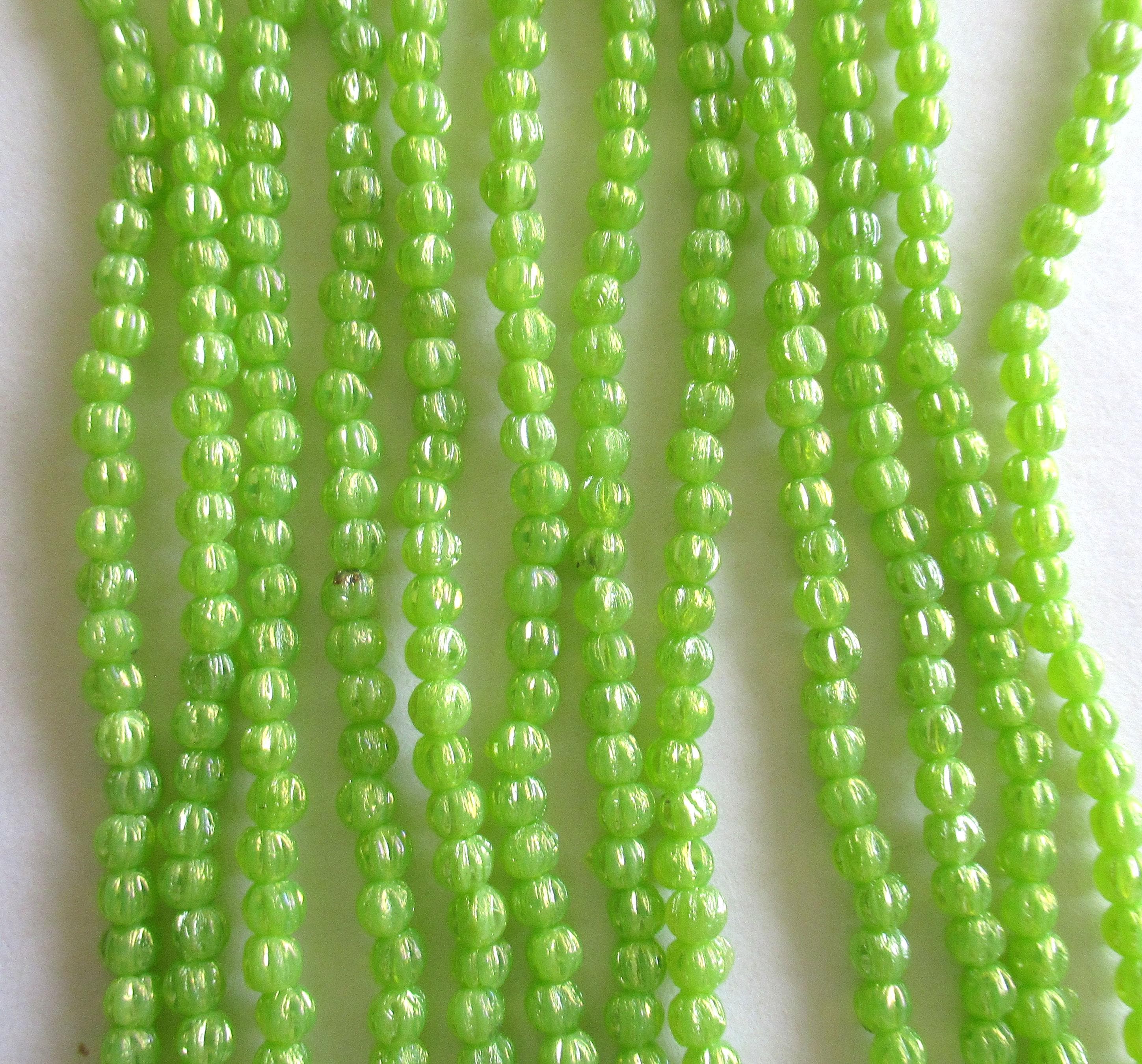 Lot of 100 3mm Czech glass melon beads - Luster Iris Milky Dark Peridot - bright green luster beads - pressed glass spacer beads - C00011