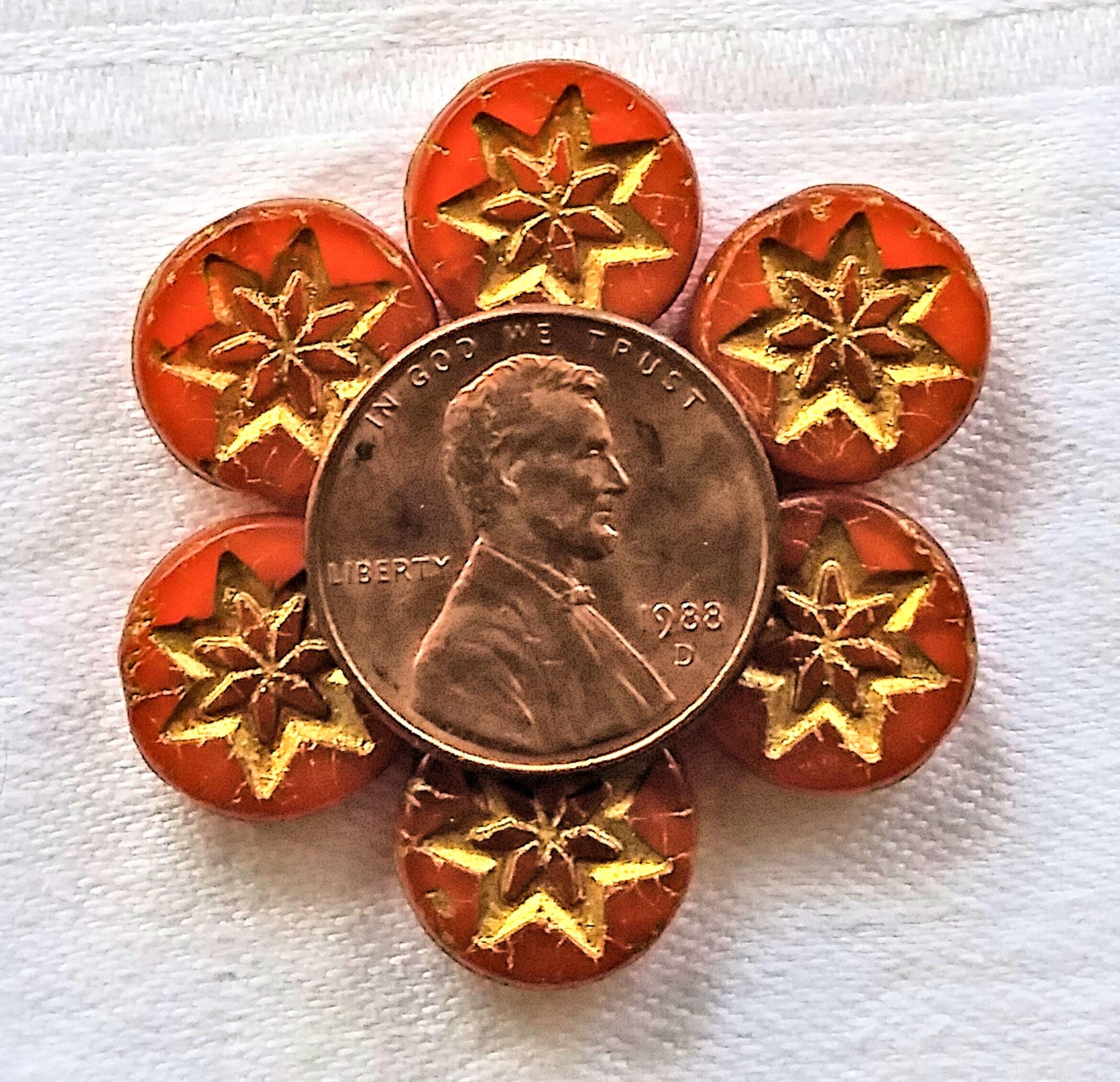 Ten 13mm coin or disc flower beads - translucent orange with a gold wash - Czech glass star beads - 4.5mm thick C08201