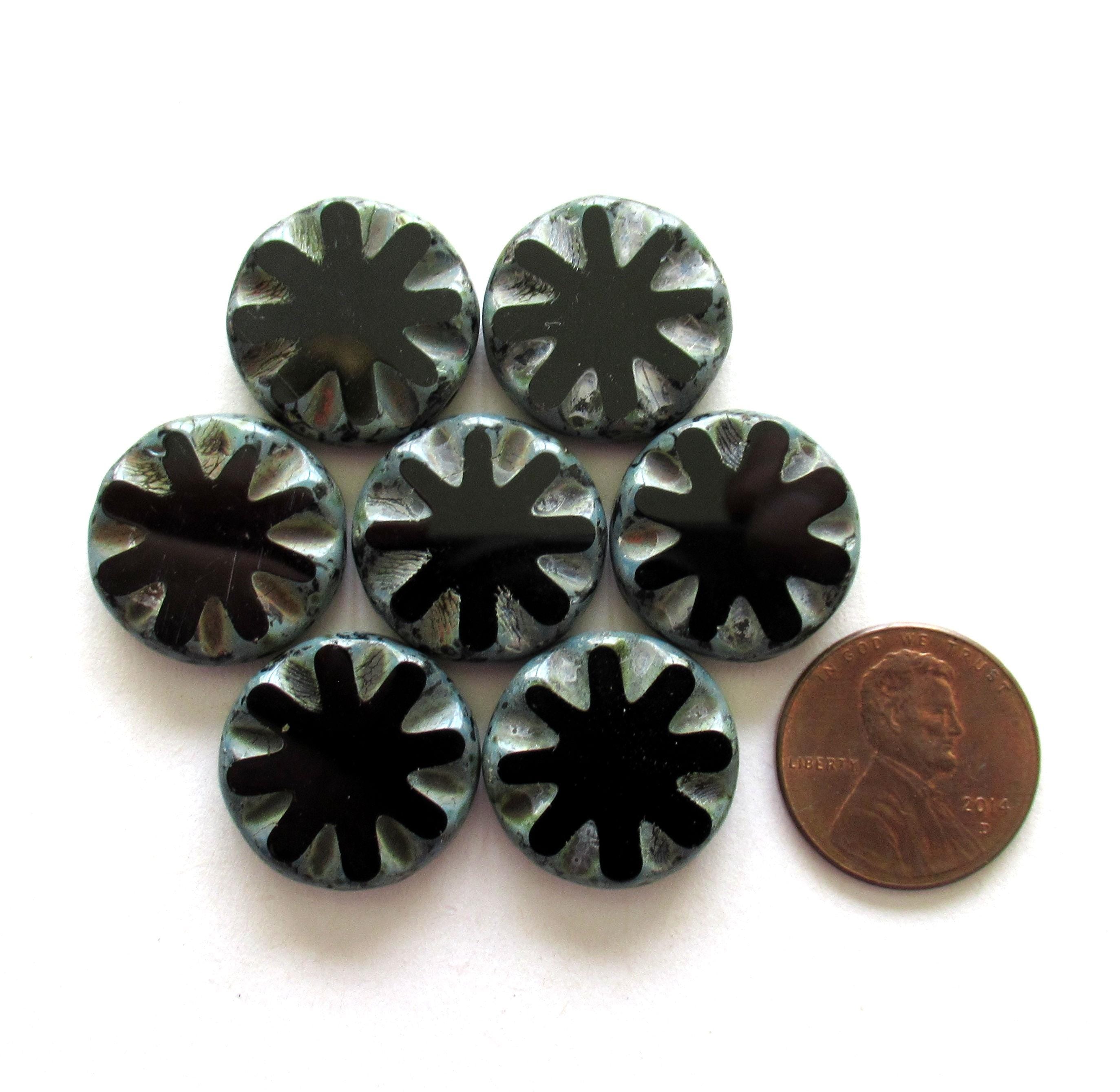 Six large Czech glass coin or disc beads - jet black picasso - 18mm - table cut beads with a spider flower or sun pattern - C00161