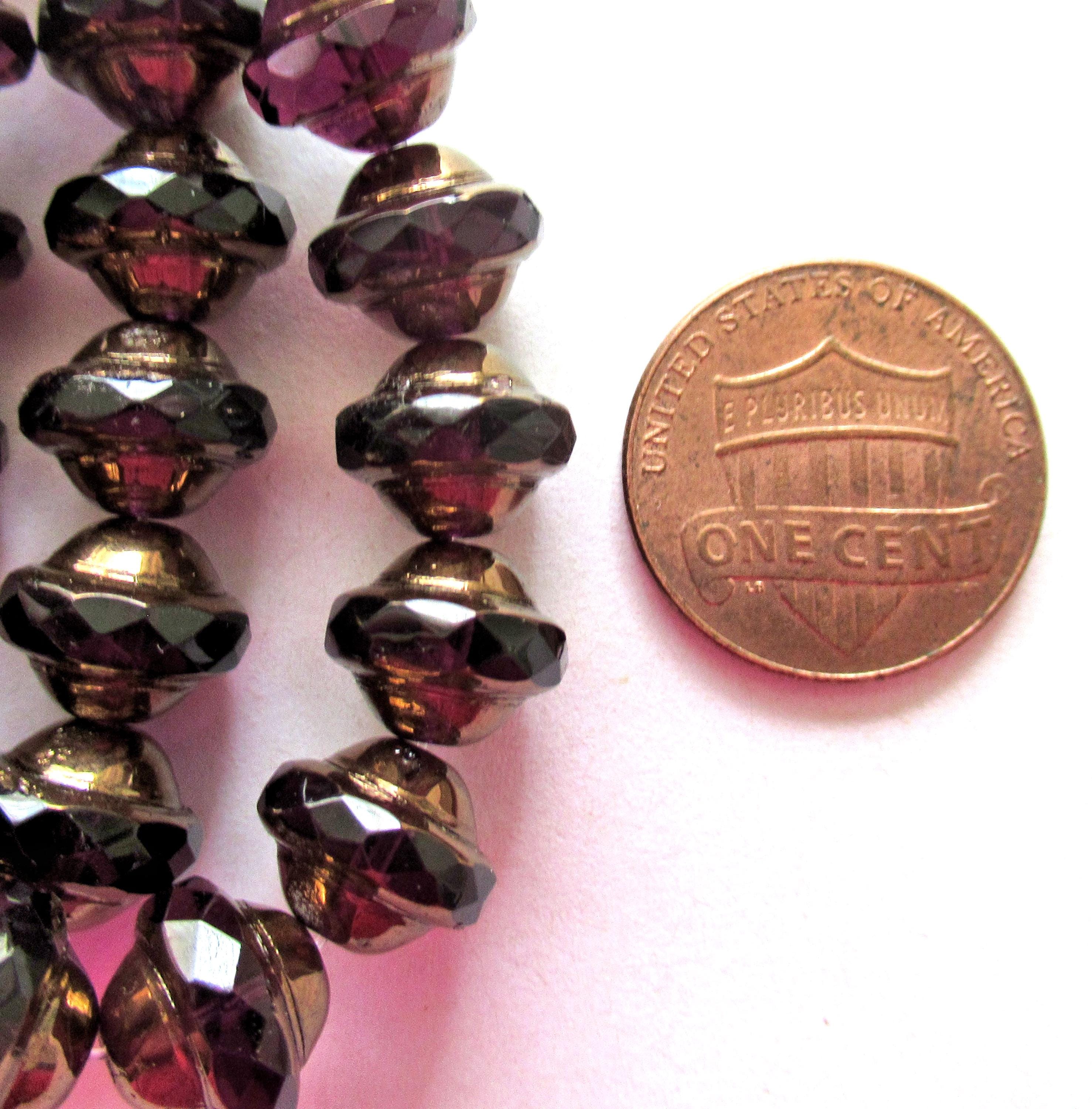 15 Czech glass saturn beads - 8 x 10mm transparent eggplant purple / amethyst - faceted saucer beads with bronze picasso accents C00102