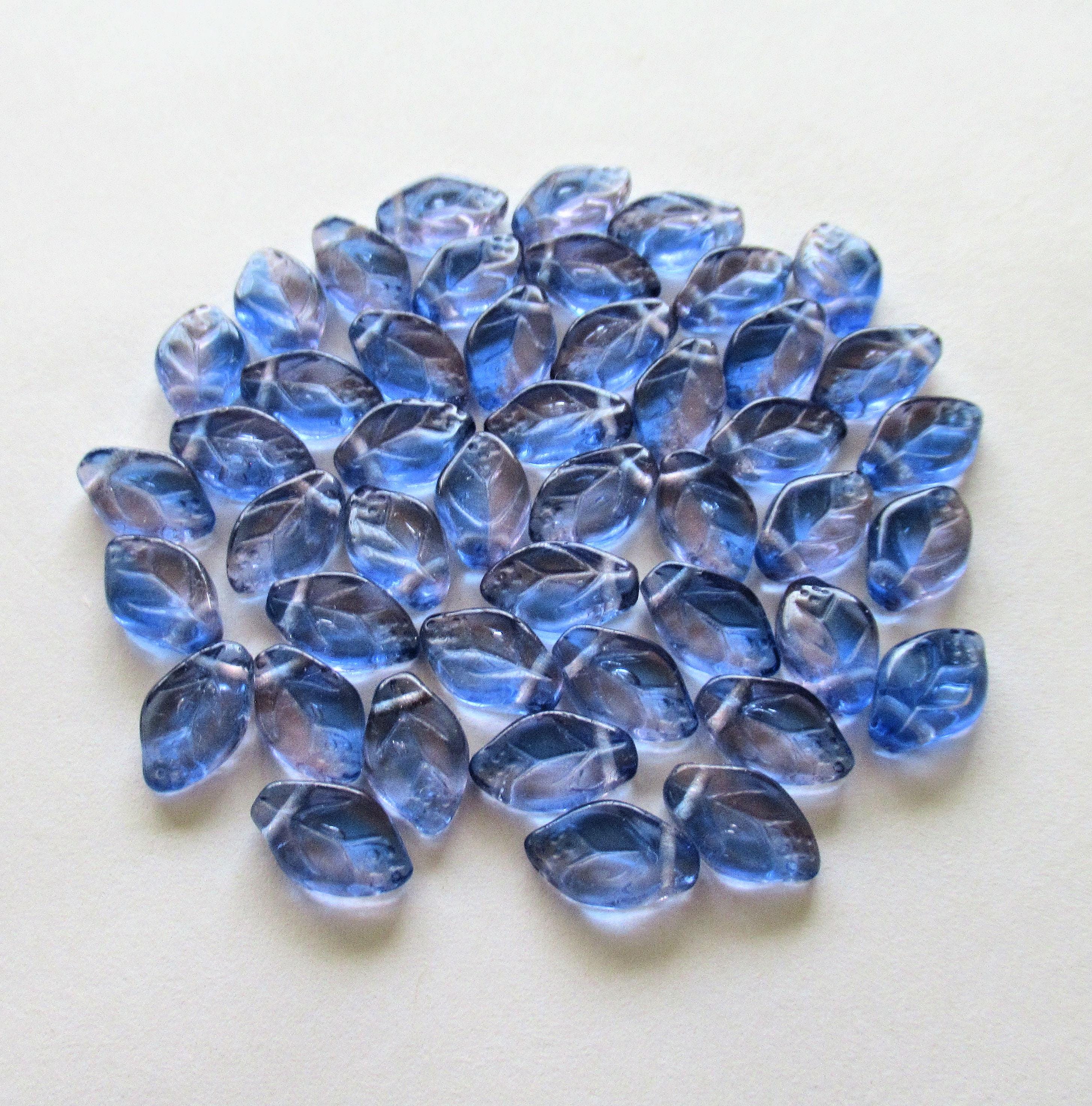 25 Czech glass leaf beads bright -light blue & purple marbled mix - 12 x 8mm - side drilled leaves - C00501