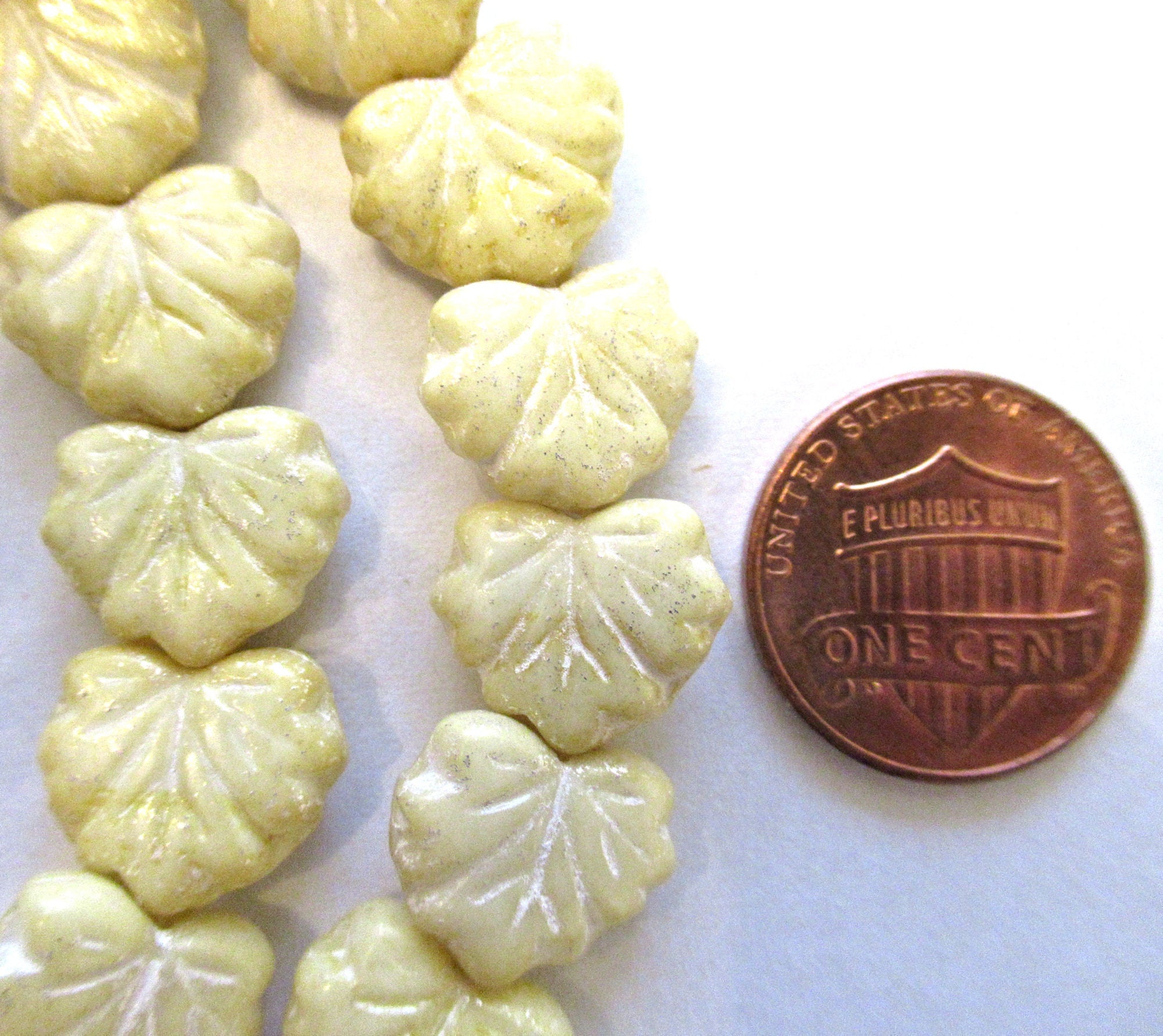 20 Czech glass maple leaf beads - opaque off white leaves with a subtle white wash - center drilled 13 x 11mm beads C00571