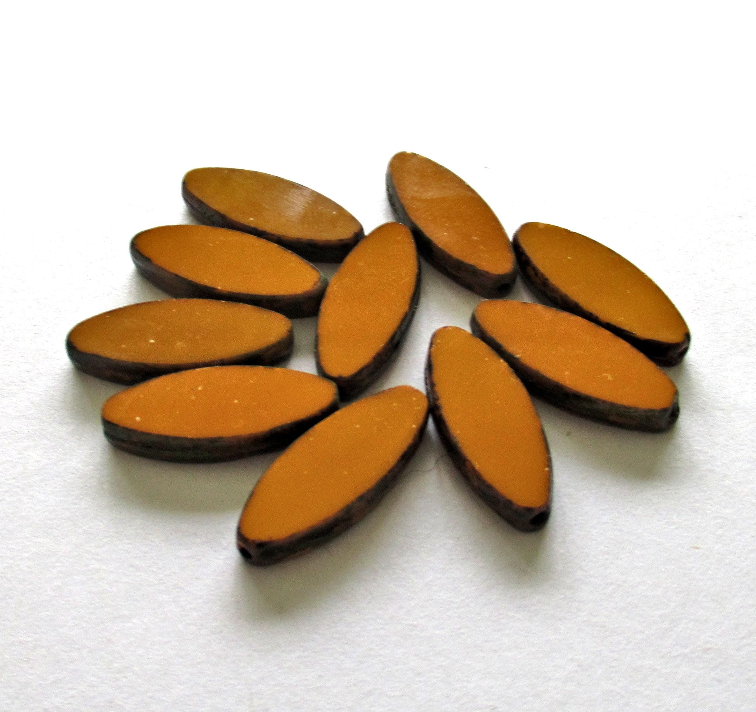 Ten large Czech glass spindle beads - opaque pumpkin orange picasso beads - 20 x 9mm - table cut almond shaped oval beads - C00122