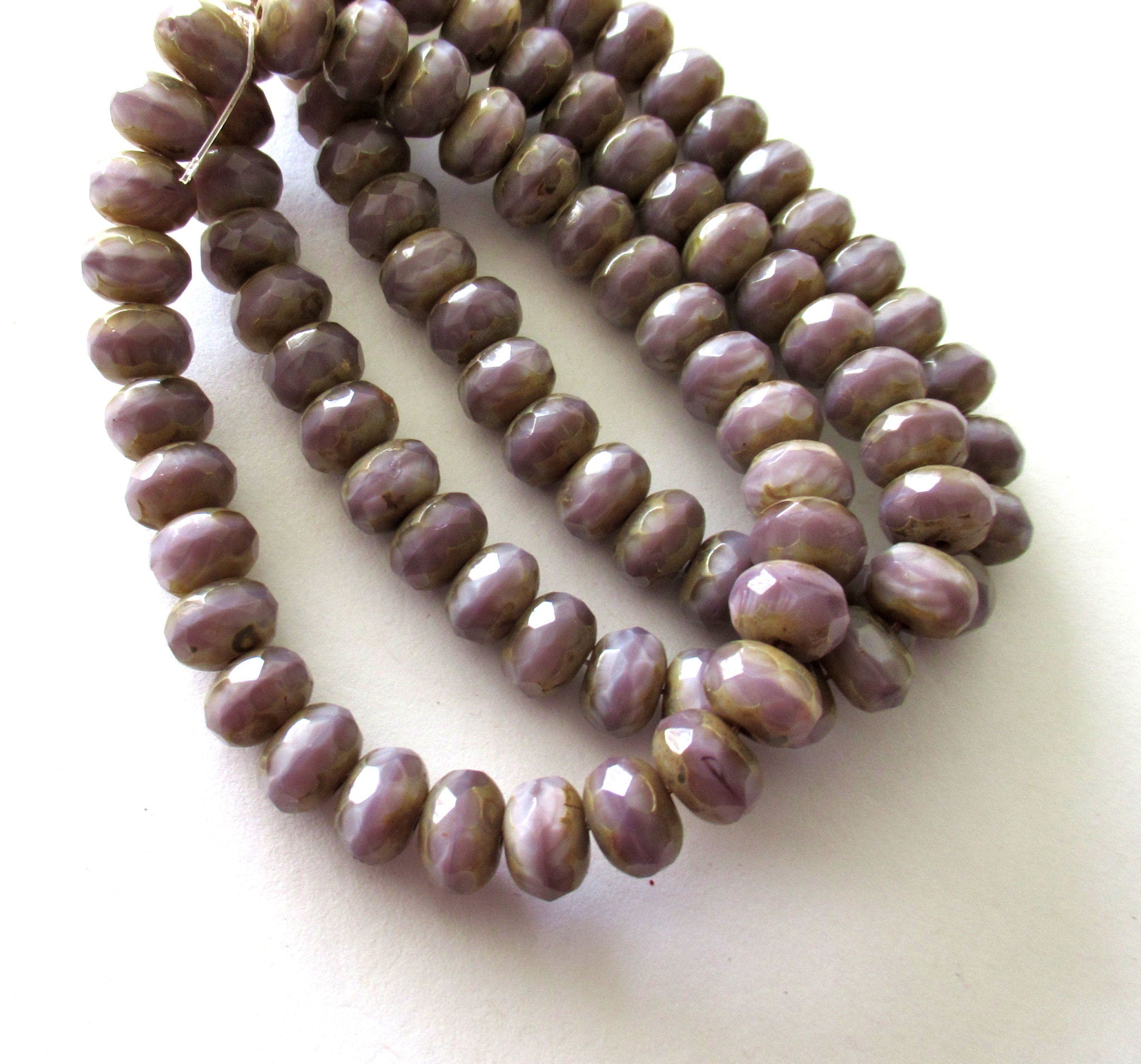 Lot of 30 purple Czech glass puffy rondelle beads - 6 x 9mm opaque amethyst purple lavender silk faceted rondelles - C008025