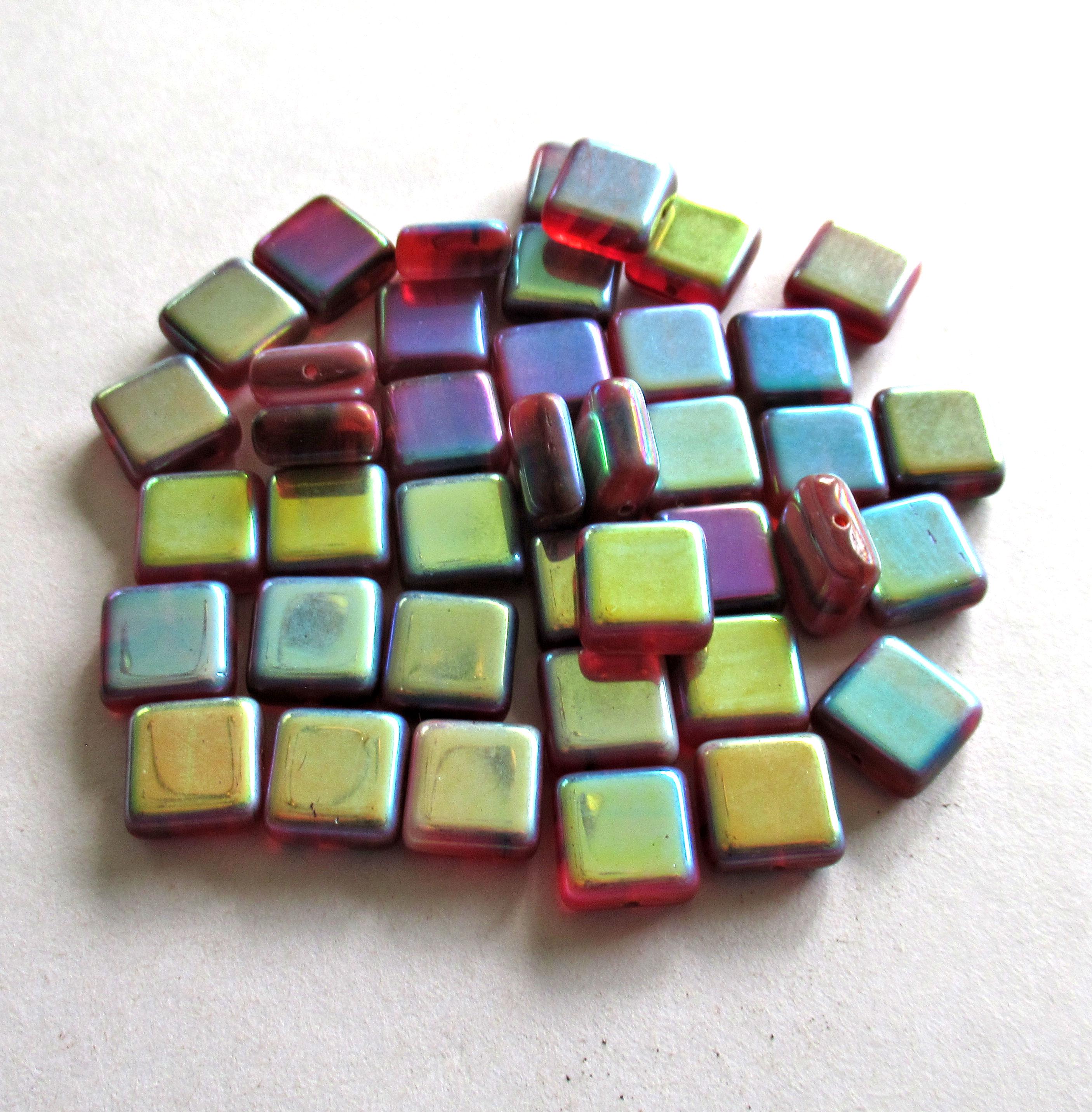 Ten large square Czech glass beads - 11mm - red beads with an iridescent rainbow ab finish - C00711
