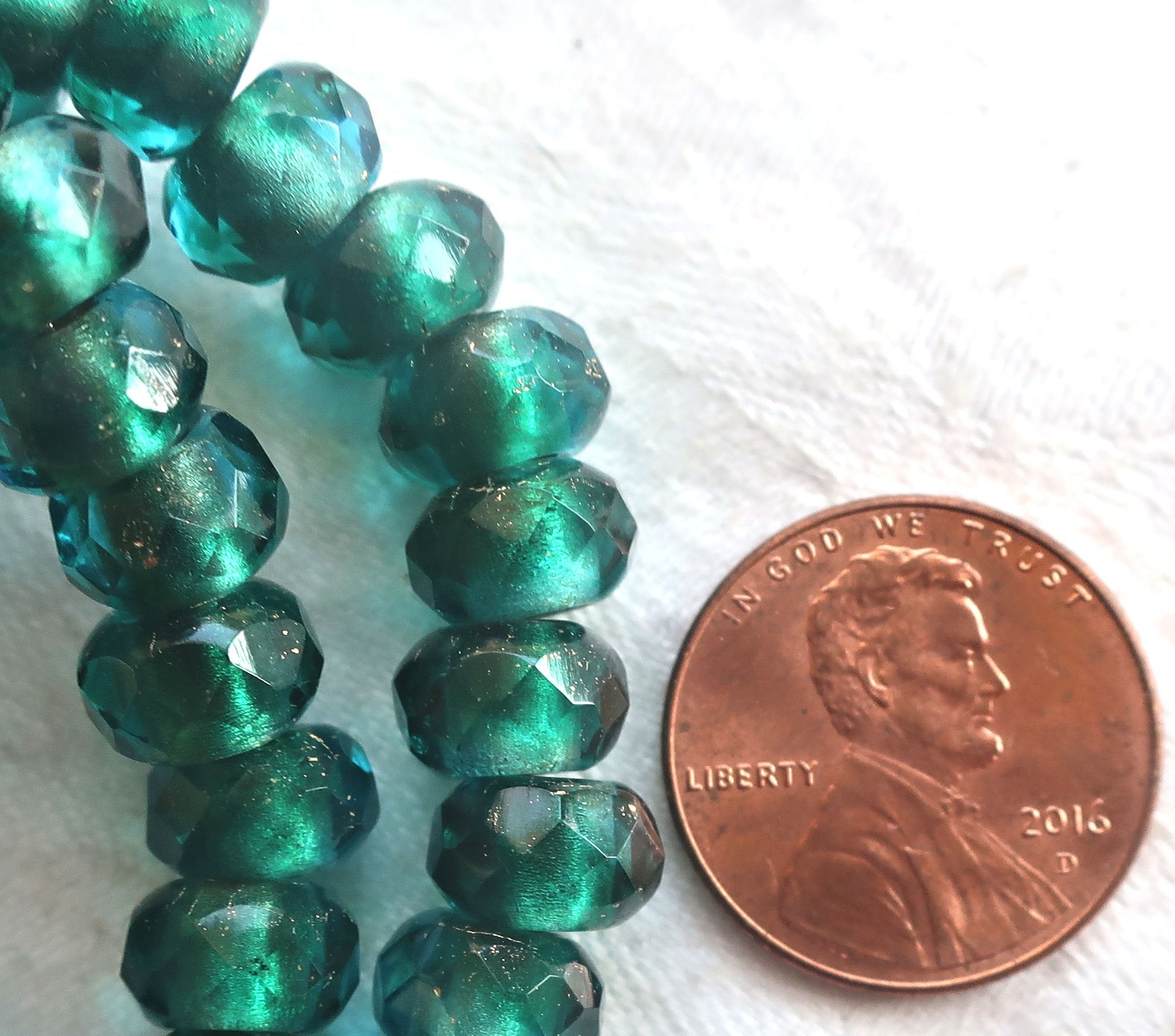 Ten Czech glass roller beads, 9 x 6mm viridian, teal or emerald gold lined, faceted round rondelle beads, big 3mm hole, large holes C08110