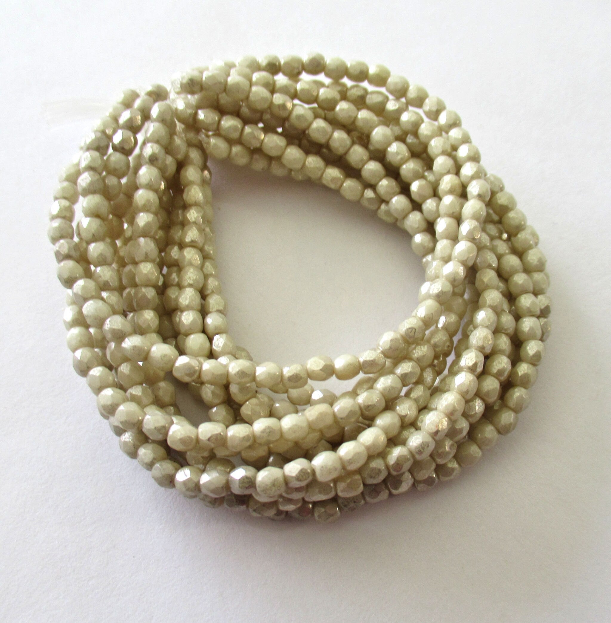 50 3mm Czech glass beads - opaque off white with a silver mercury finish - fire polished, faceted round beads C0028
