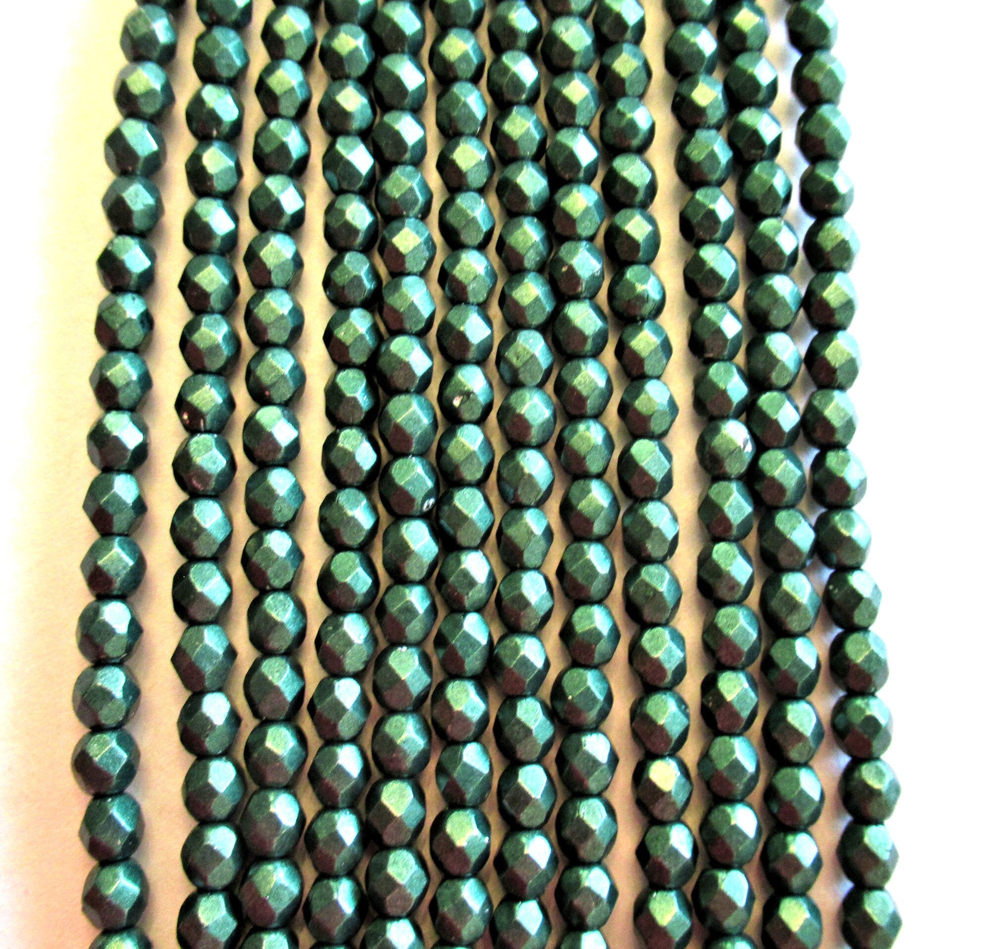 50 4mm Czech lass beads - saturated metallic martini olive green - round, faceted fire polished beads C0044