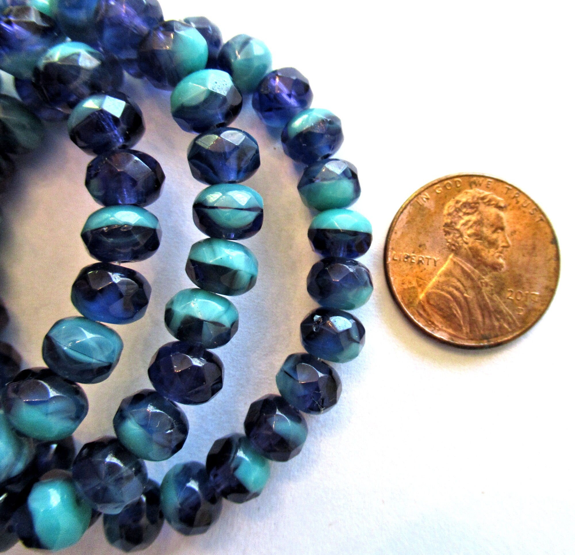 25 Czech glass puffy rondelle beads - 5 x 7mm transparent cobalt blue & opaque turquoise color mix faceted fire polished rondelles 00051