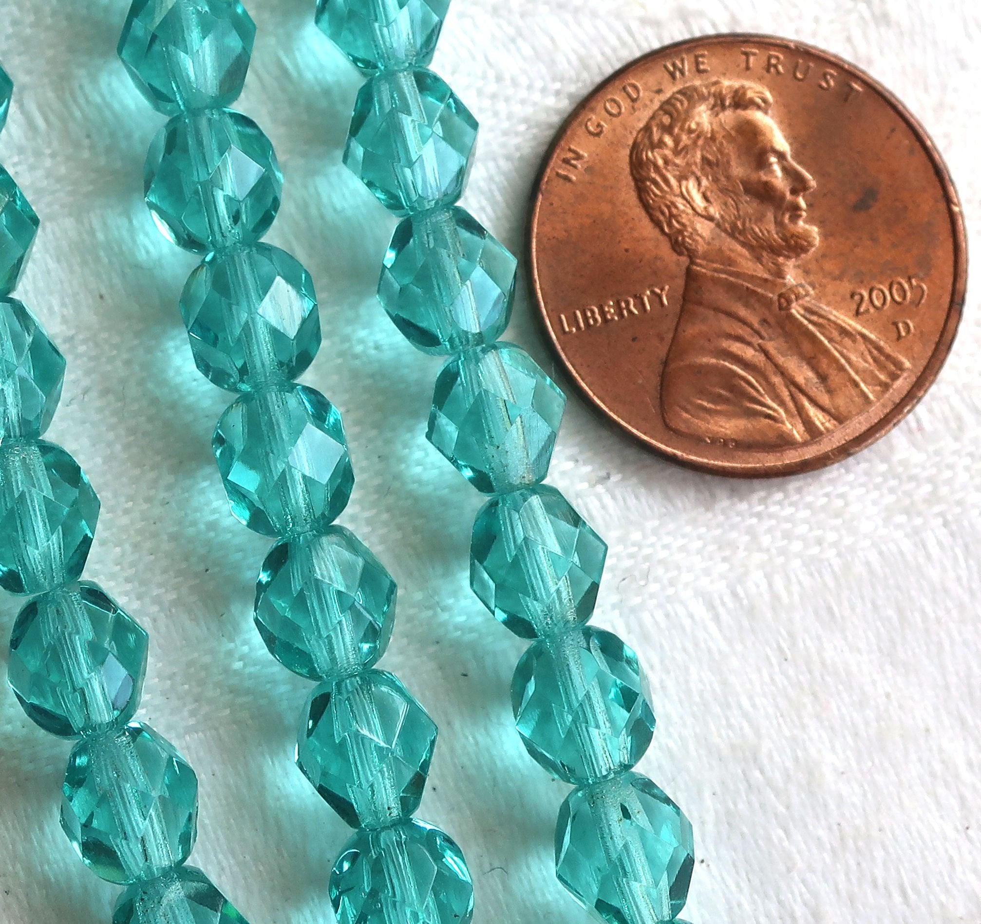 Lot of 25 6mm Czech glass beads, Light teal blue green fire polished faceted round beads C4301