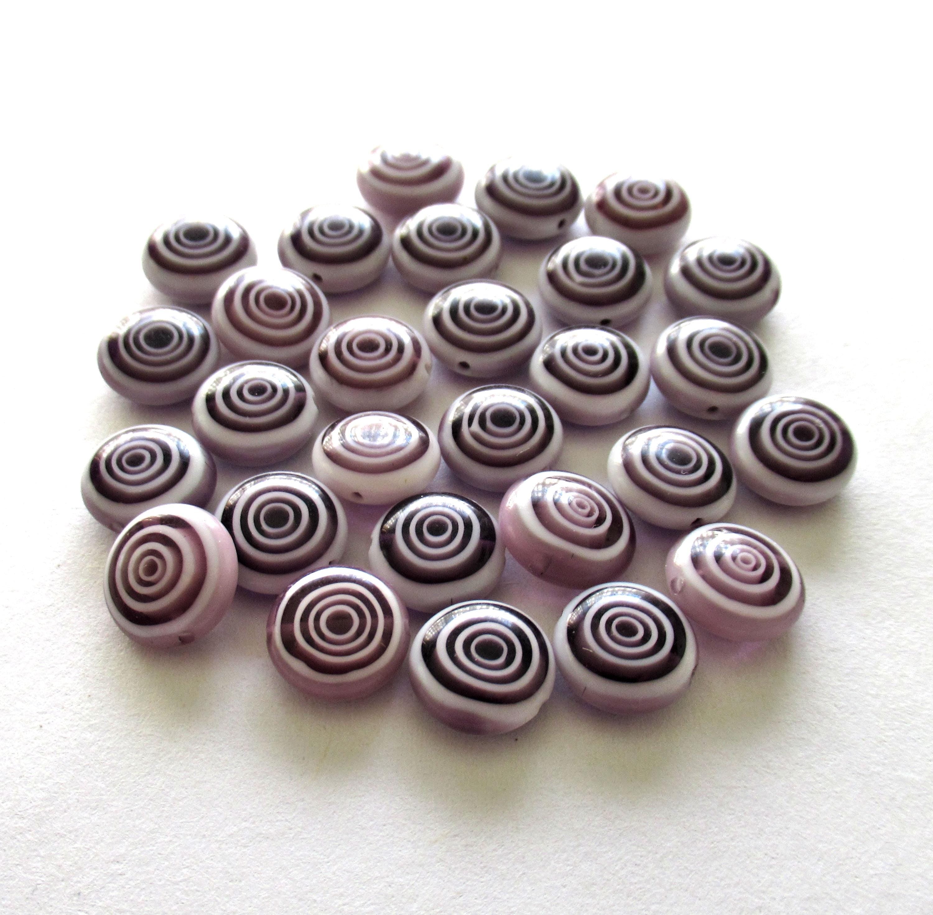 Ten 10mm glass coin beads - amethyst / purple and white disc beads - target or concentric circles beads - C0001