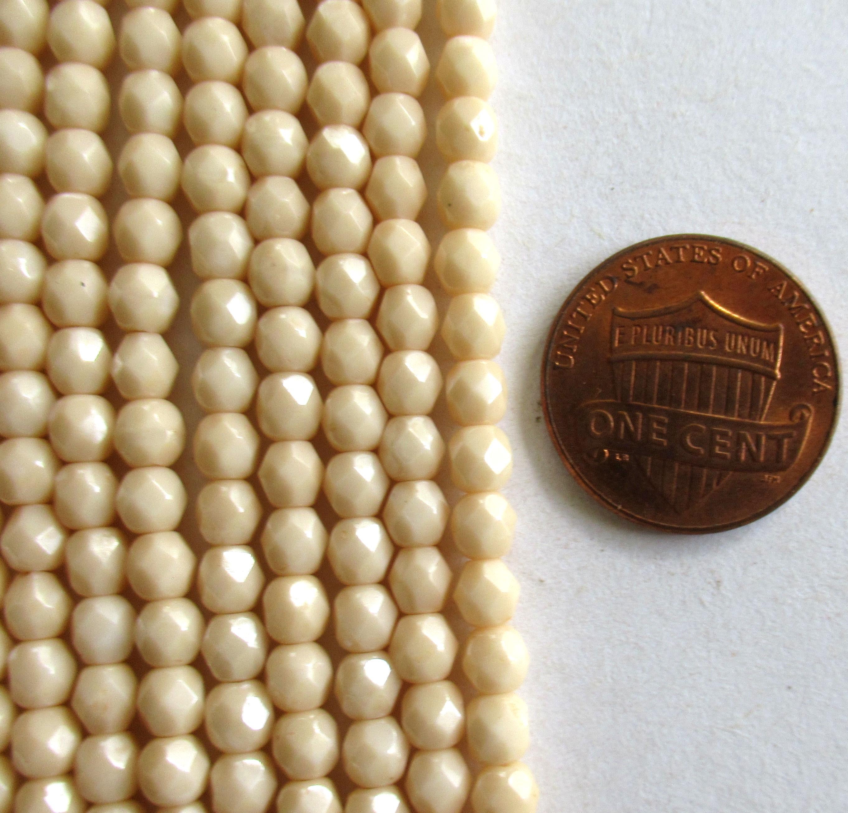 50 4mm Czech glass off white beads - Opaque Luster Champagne - neutral fire polished faceted round beads - C0056