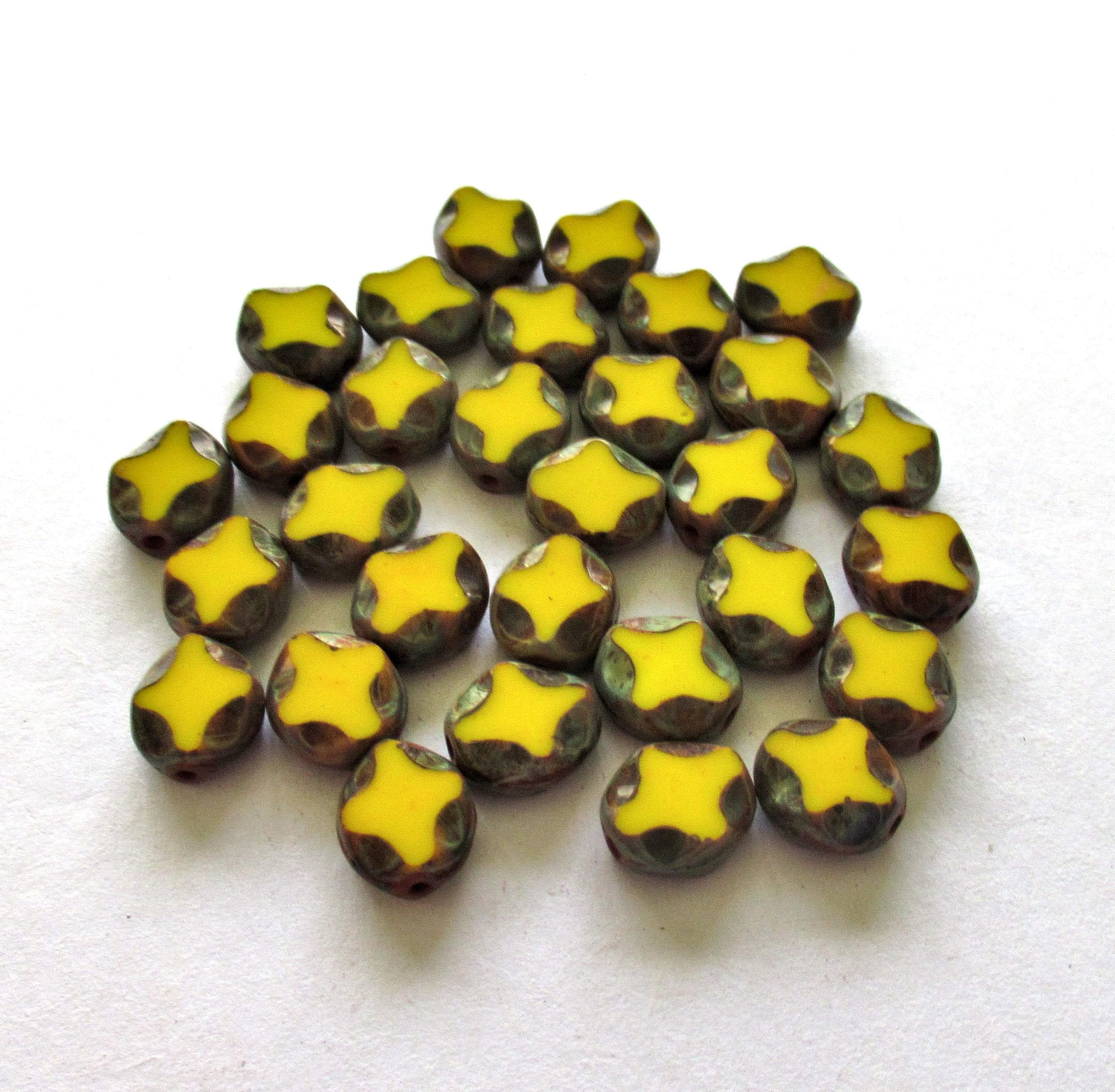 15 Czech glass oval beads - 9 x 8mm - opaque yellow picasso beads - carved table cut beads with a diamond pattern - C0251
