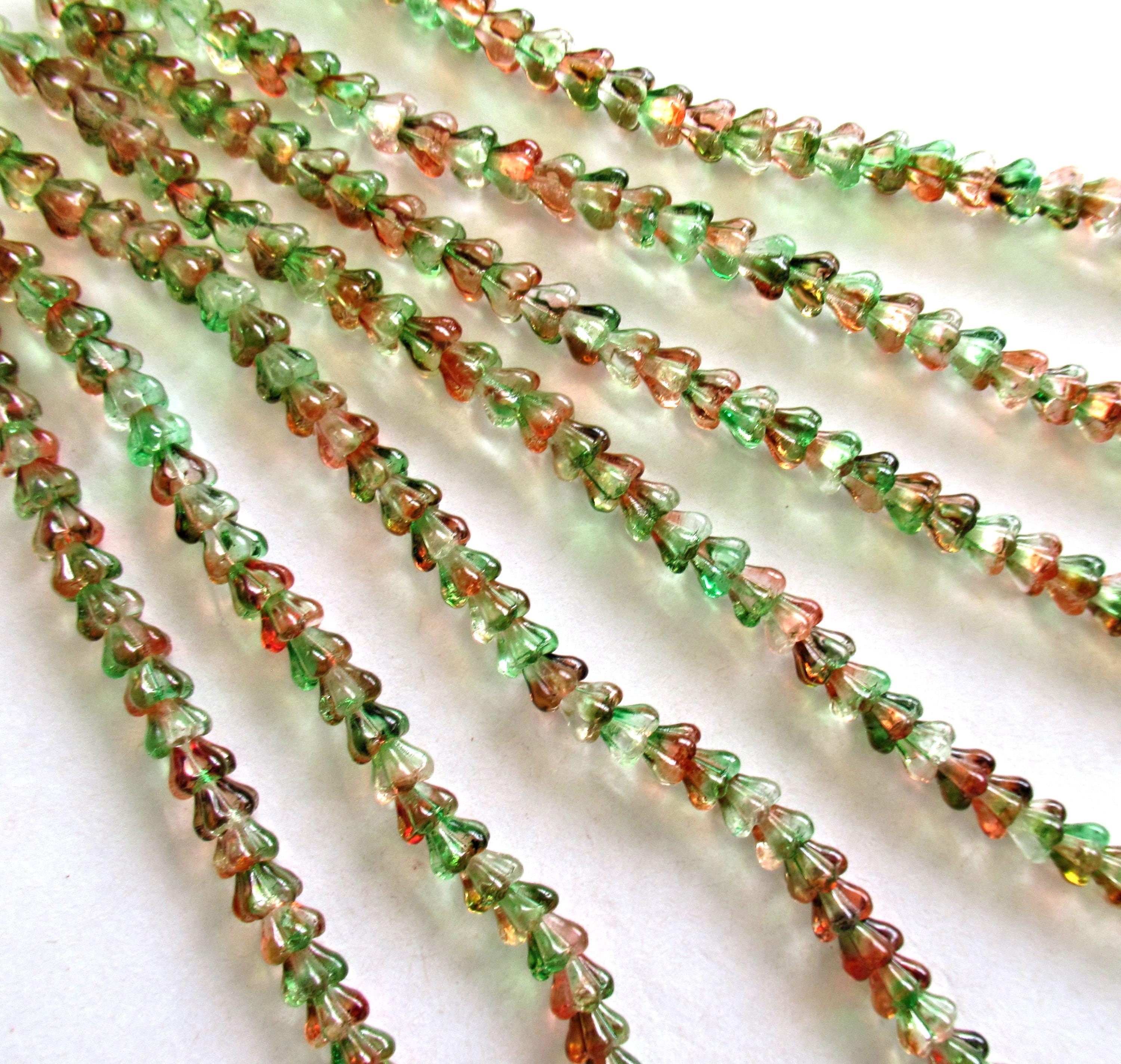 50 Czech glass bell flower beads - Peach / Pear - orange & green mix - pressed glass bellflower beads - 4 x 6mm - C00311