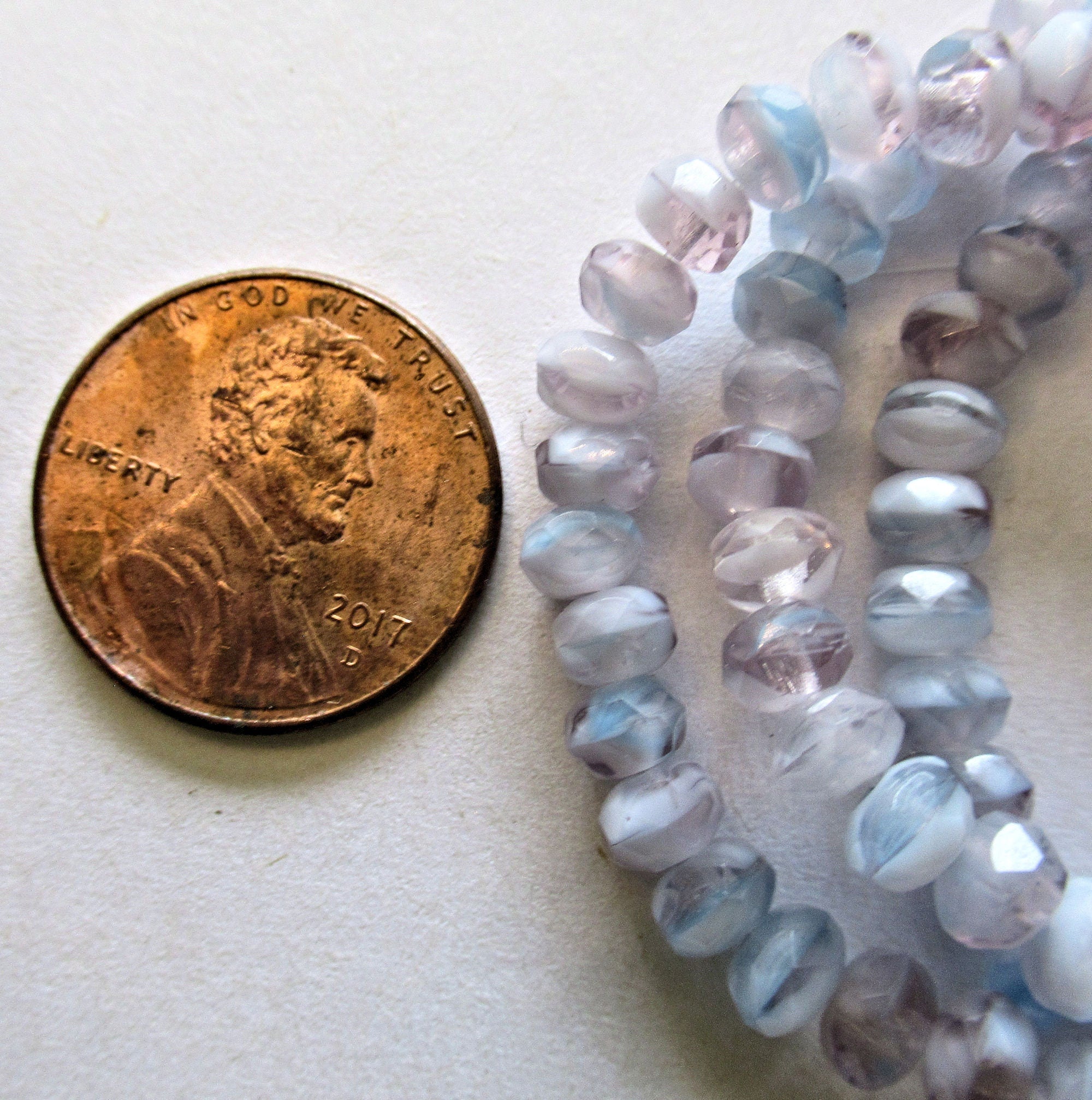 30 small Czech glass puffy rondelle beads - 3 x 5mm light lavender / purple & blue color mix faceted rondelles 00531